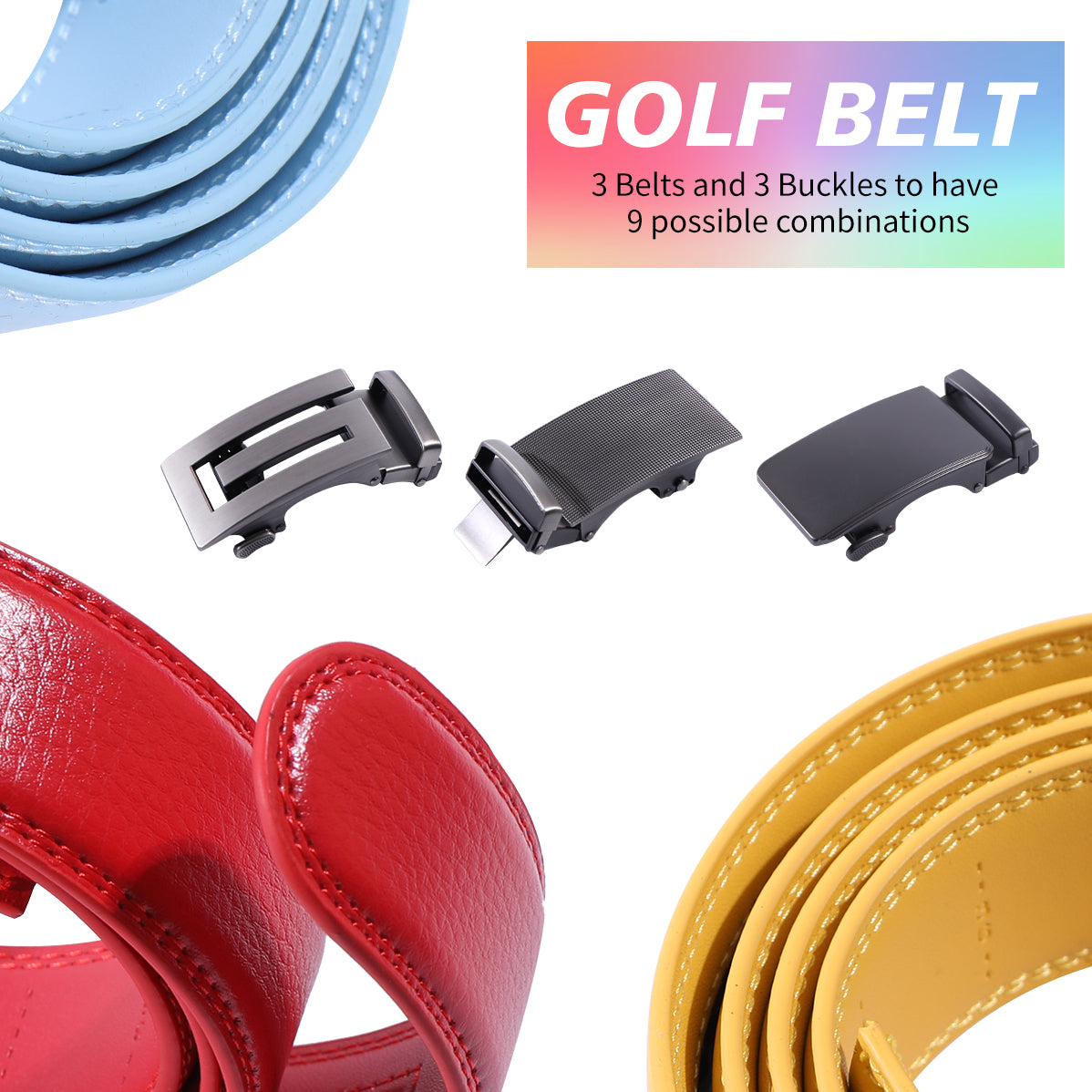 CaddyTek Shiny Edition Golf Belt Set | 9 Style Combos | No-Hole Ratchet Fit | 3 Leather Belts & 3 Buckles