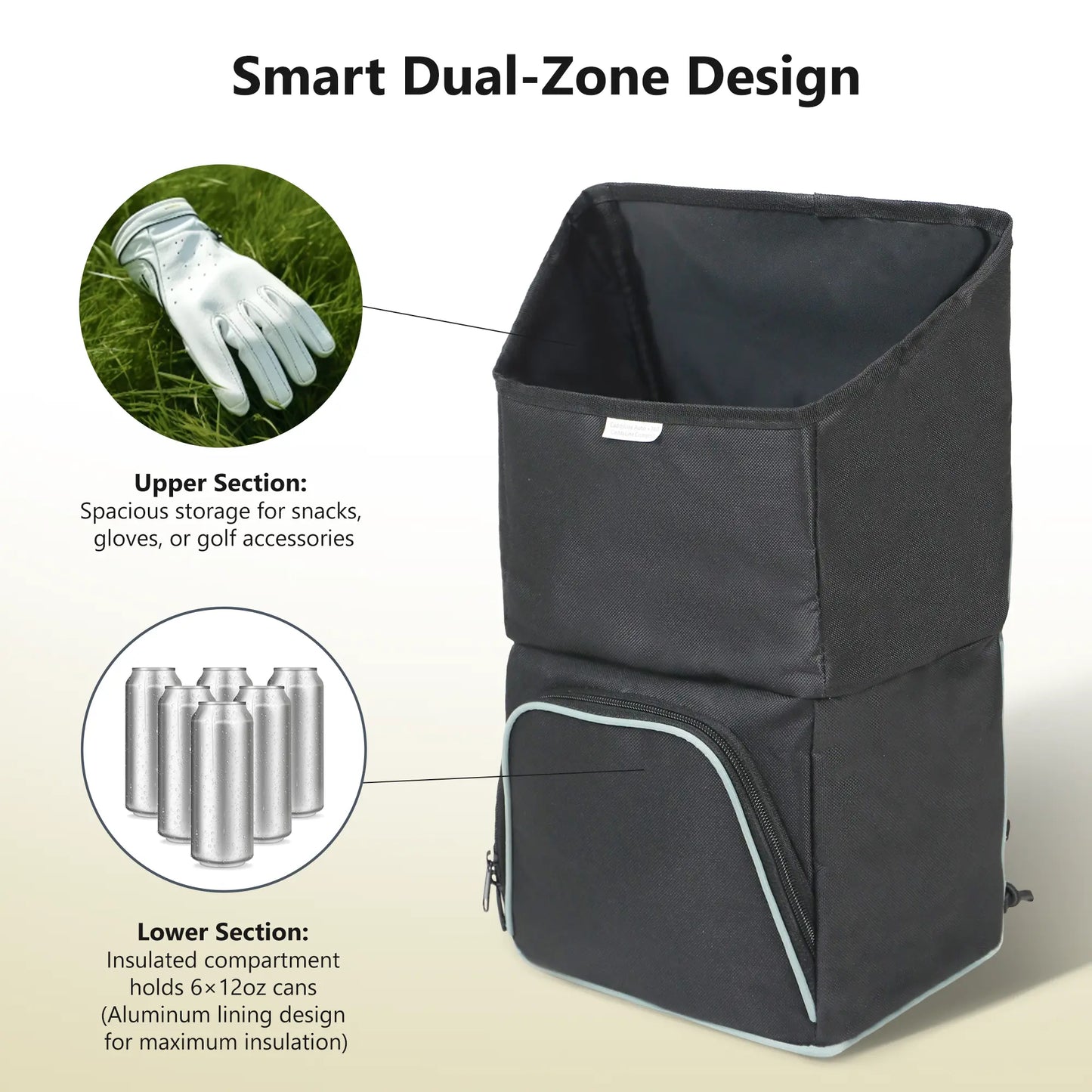 Caddytek Universal Thermal & Storage Bag for Golf Push Carts | Dual-Compartment Insulated Design | 6-Can Capacity | Fits Auto+360 & Compact