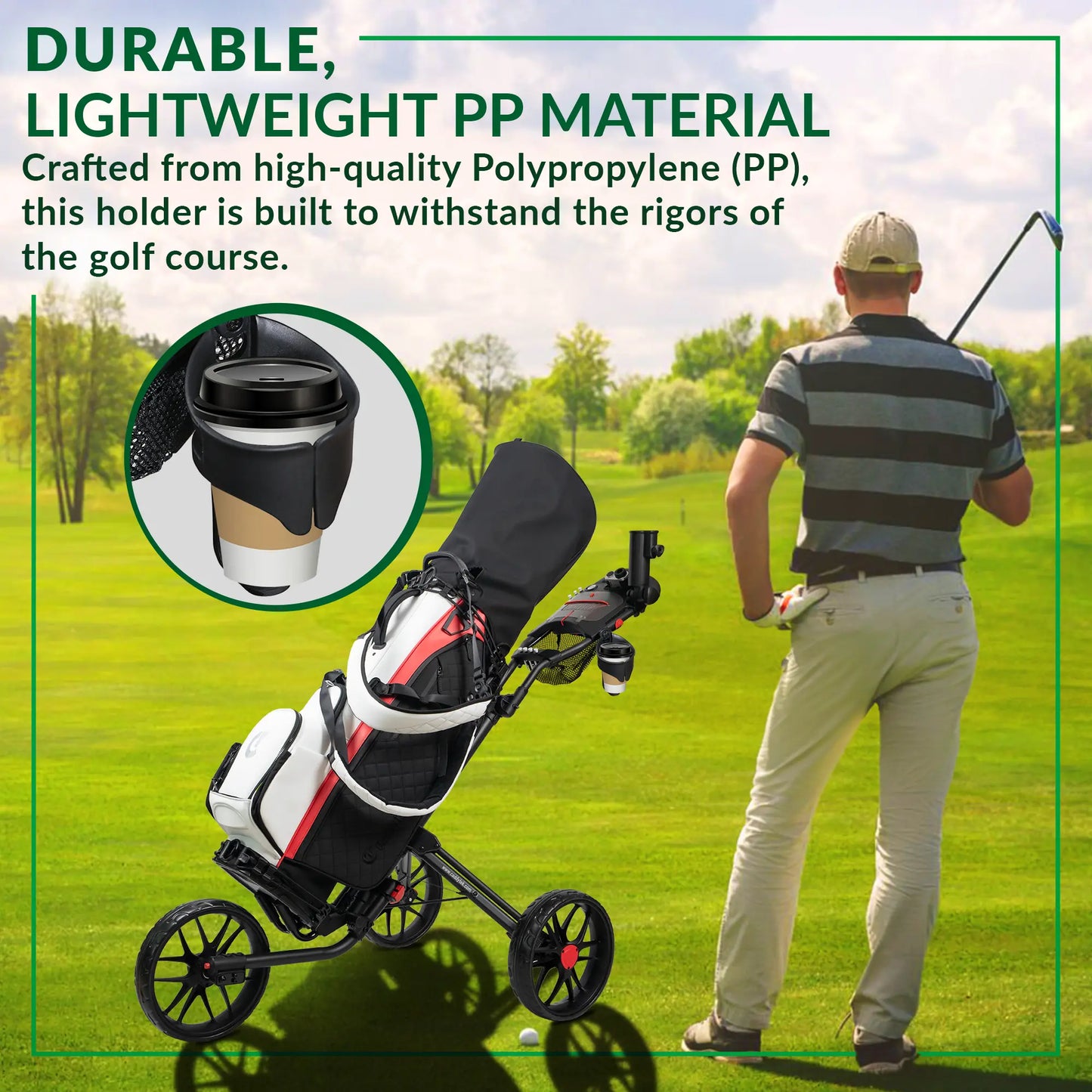 CaddyTek 360° Auto-Leveling Cup Holder | Spill-Proof for Golf Push Carts | Tool-Free Snap-On