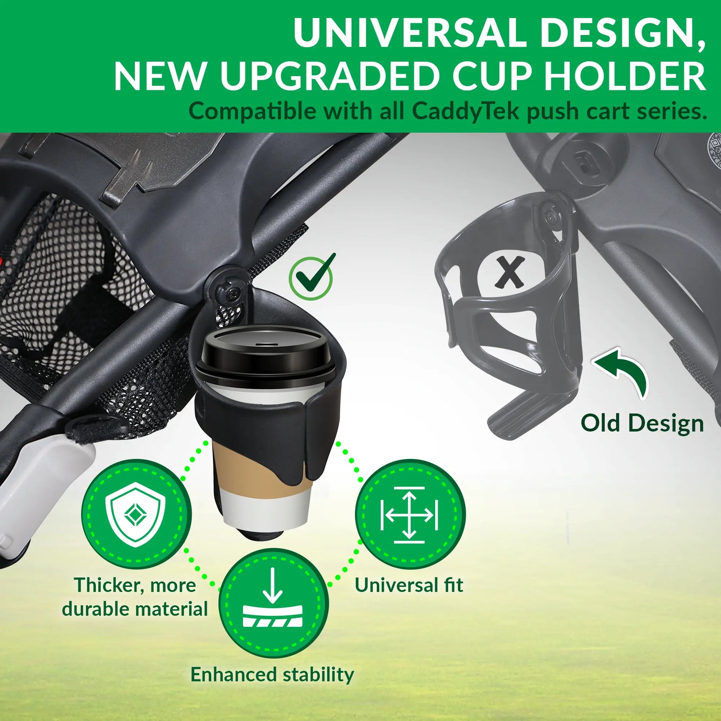 CaddyTek 360° Auto-Leveling Cup Holder | Spill-Proof for Golf Push Carts | Tool-Free Snap-On