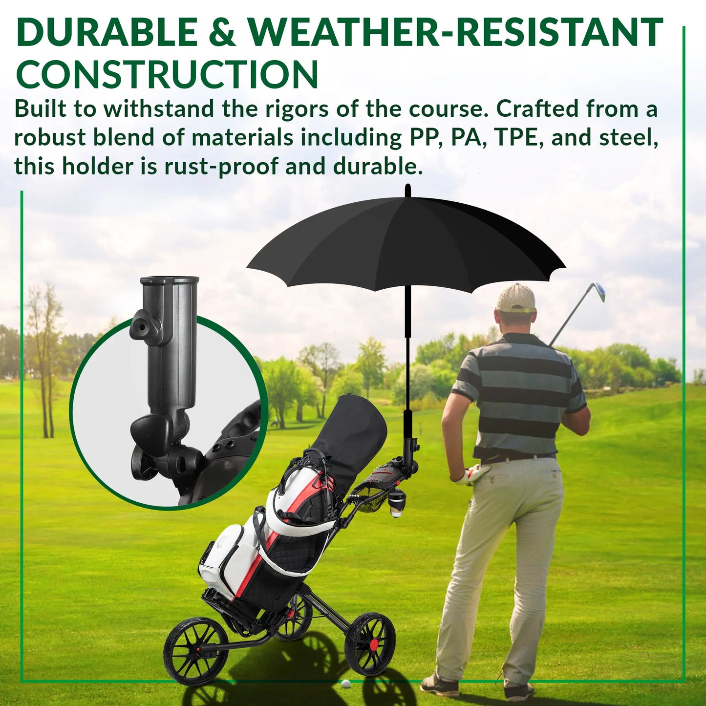 CaddyTek Universal Umbrella Holder | 360° & 180° Full Adjustability | Tool-Free Lock for All Carts