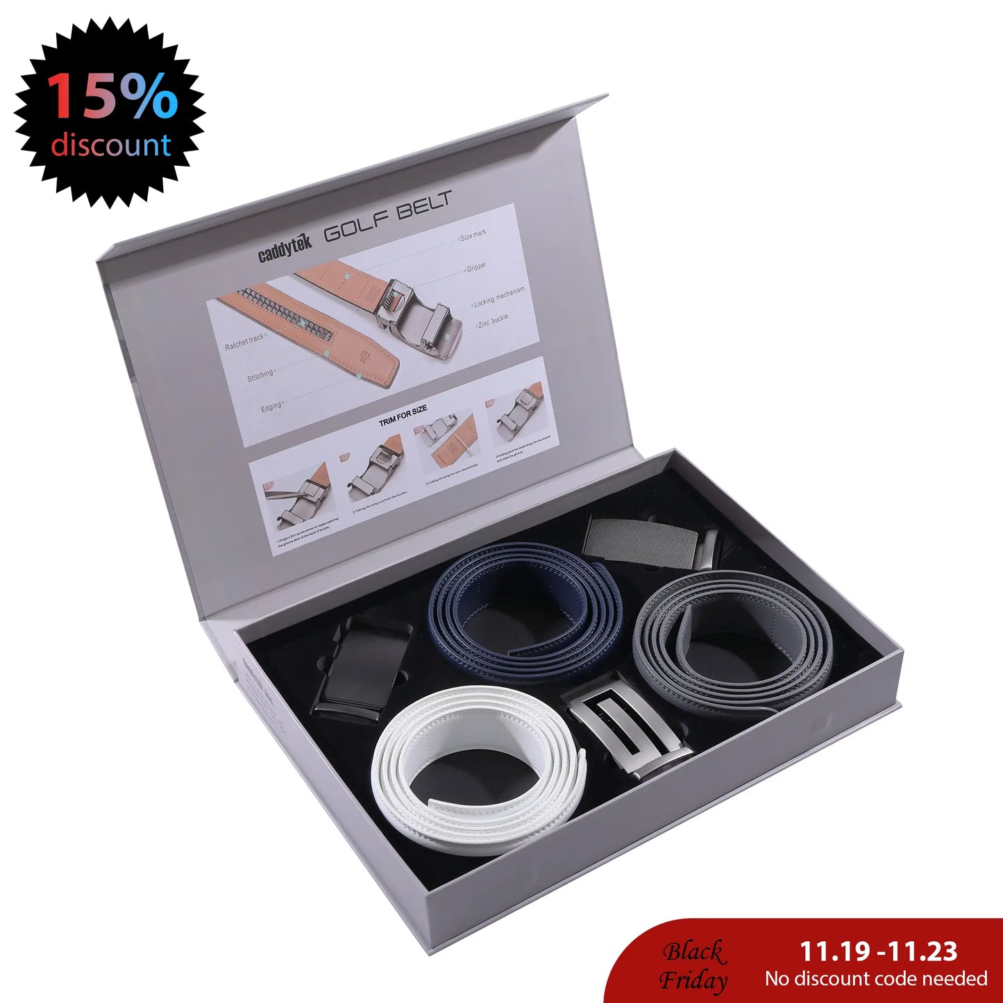 CaddyTek Cool Edition Golf Belt Set | No-Hole Micro-Adjust | 9 Style Combos | 24"-44" Fit