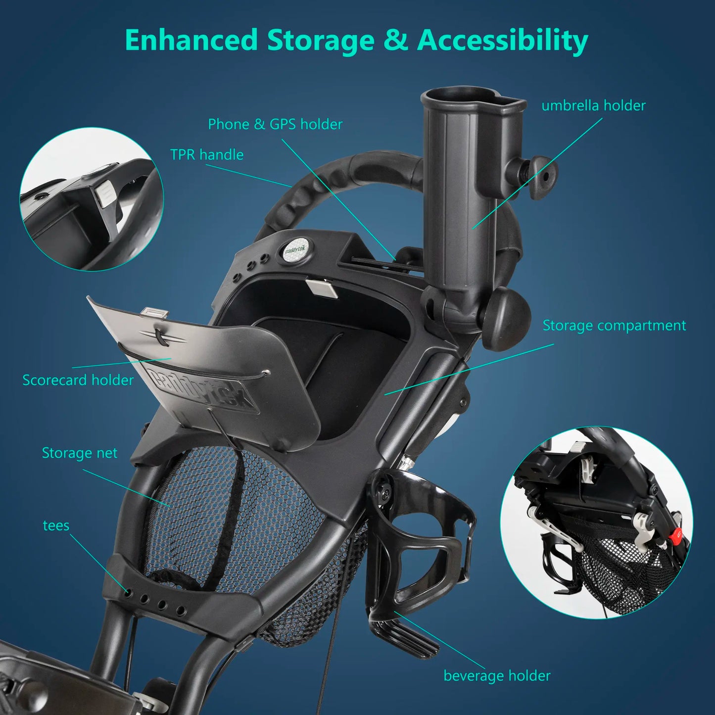 CaddyTek CaddyCruiser ONE Tour Golf Push Cart | 4-Wheel Stability & Swivel Front Wheel | One-Click Folding