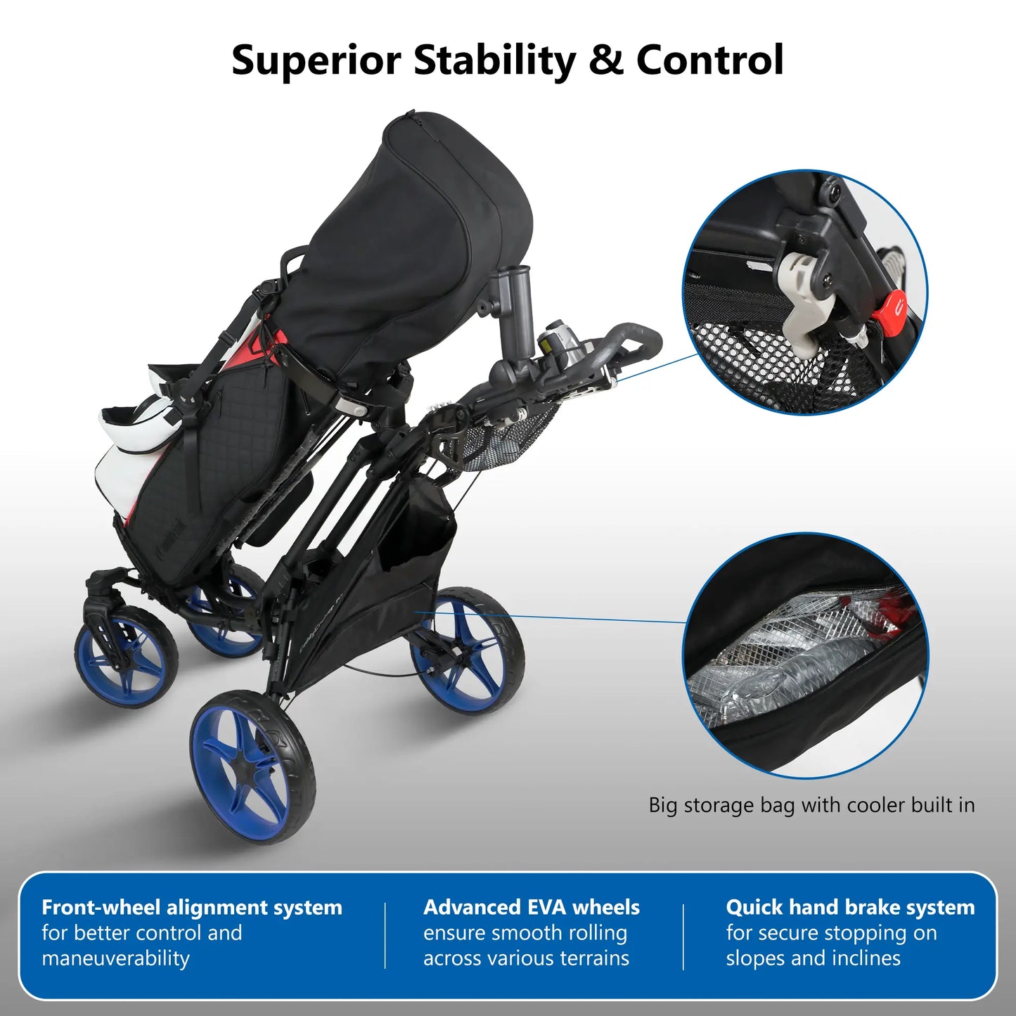 CaddyTek CaddyCruiser ONE Tour Golf Push Cart | 4-Wheel Stability & Swivel Front Wheel | One-Click Folding