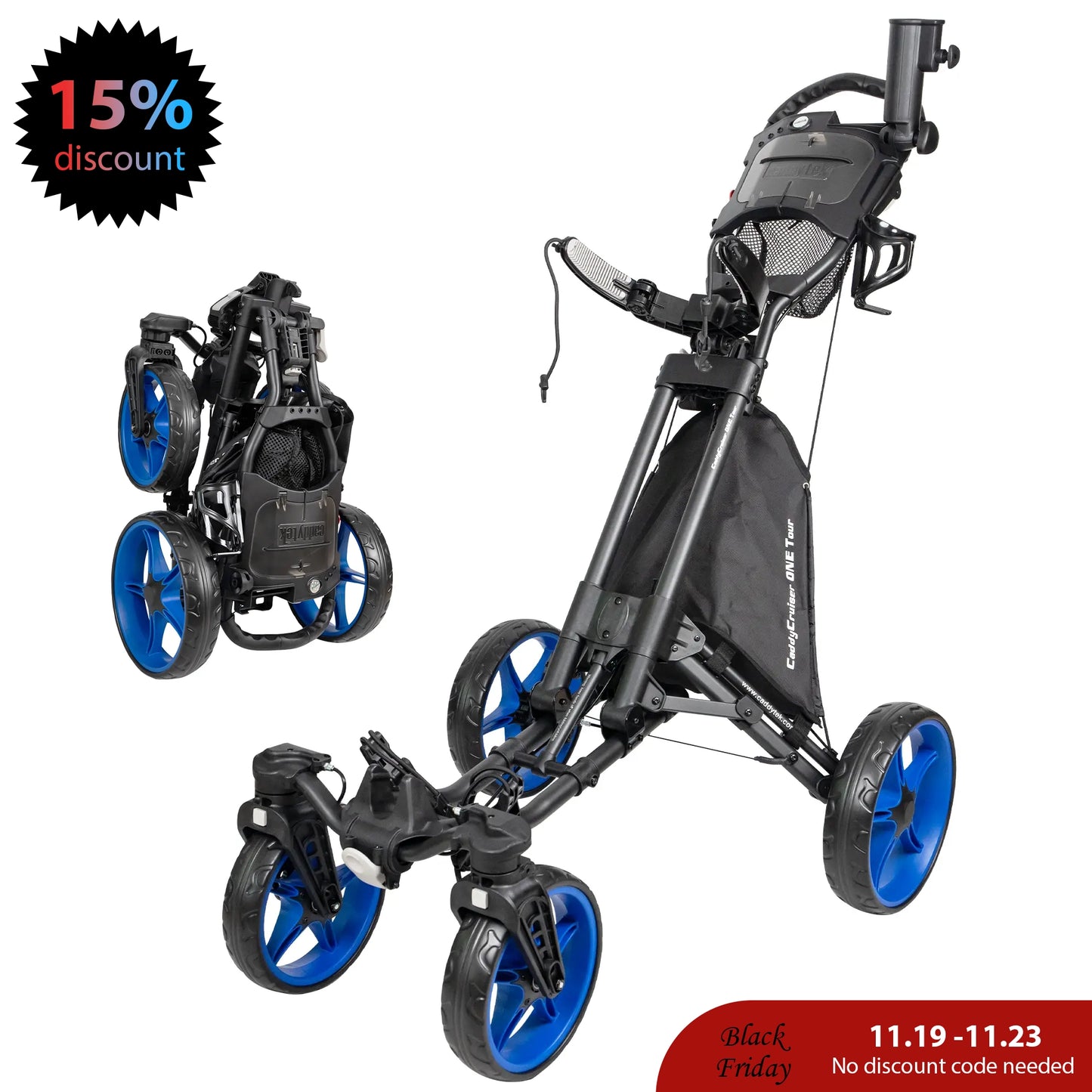 CaddyTek CaddyCruiser ONE Tour Golf Push Cart | 4-Wheel Stability & Swivel Front Wheel | One-Click Folding