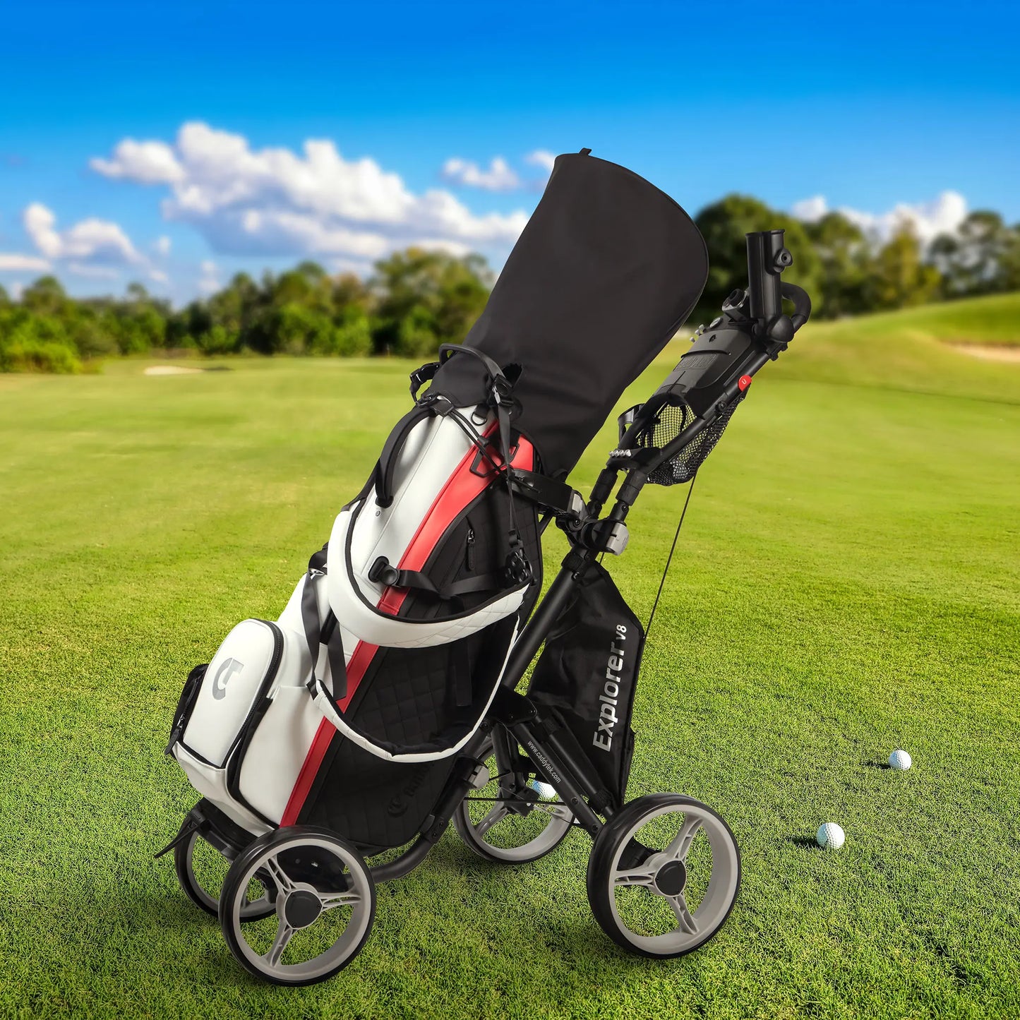 CaddyTek Explorer V8 Golf Push Cart | 2-Step Folding & Adjustable Front Wheels | Wide Stability Base