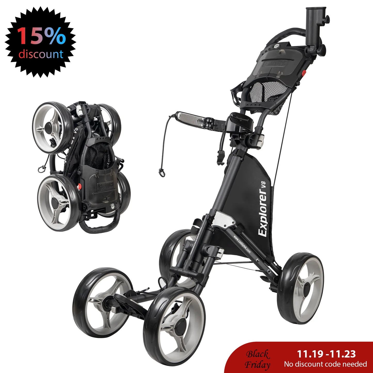 CaddyTek Explorer V8 Golf Push Cart | 2-Step Folding & Adjustable Front Wheels | Wide Stability Base