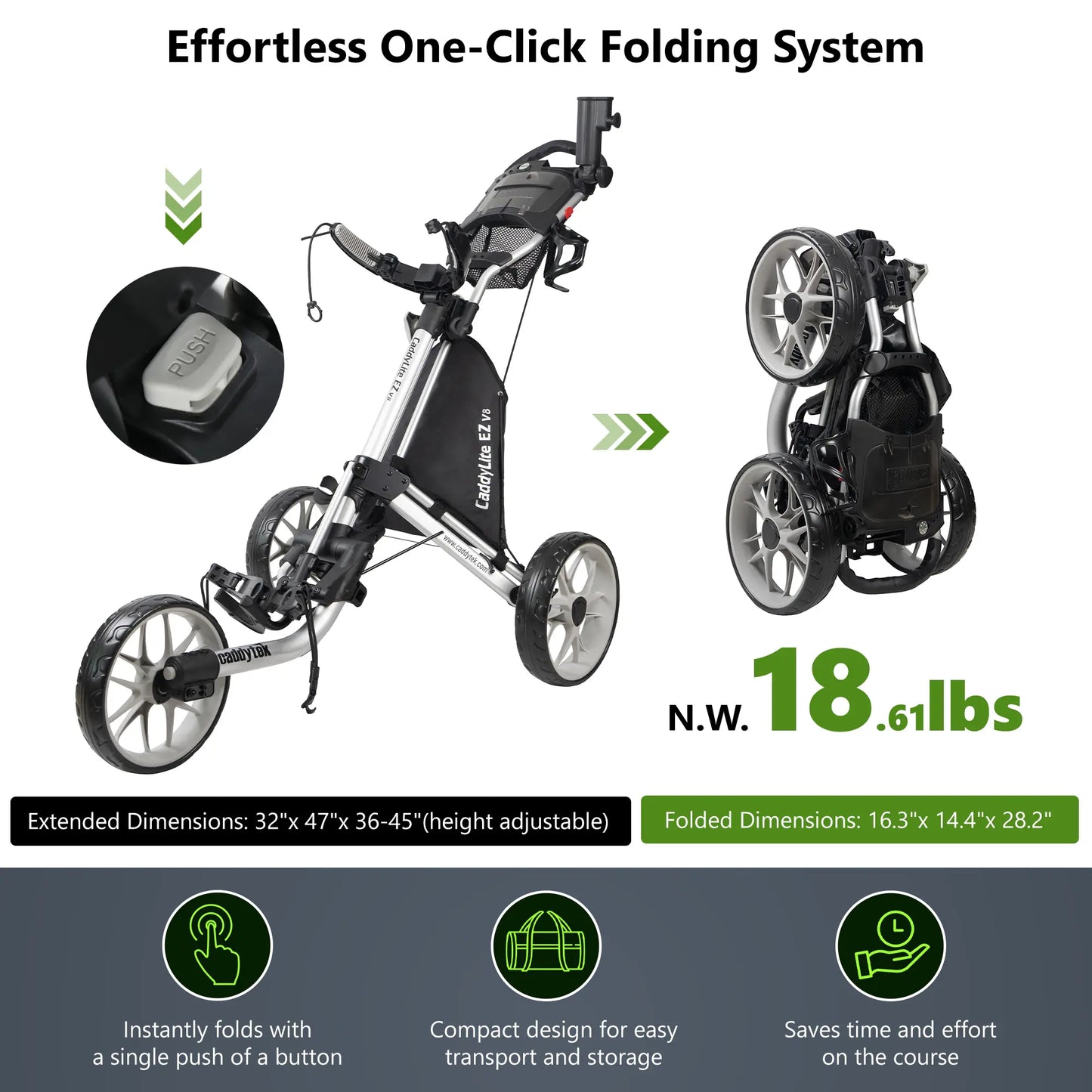 CaddyTek Caddylite EZ V8 Golf Push Cart | EZ-Fold 2-Step Design | Under 18.5 lbs | 3-Wheel
