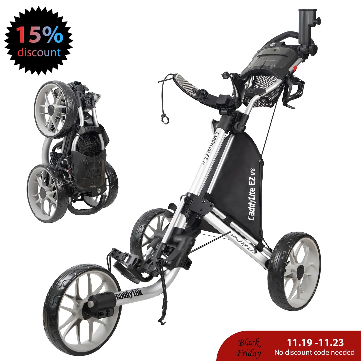 CaddyTek Caddylite EZ V8 Golf Push Cart | EZ-Fold 2-Step Design | Under 18.5 lbs | 3-Wheel