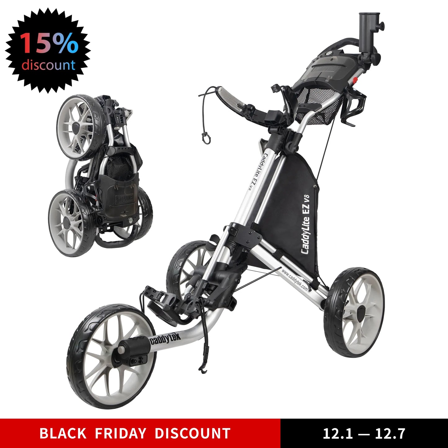 CaddyTek Caddylite EZ V8 Golf Push Cart | EZ-Fold 2-Step Design | Under 18.5 lbs | 3-Wheel