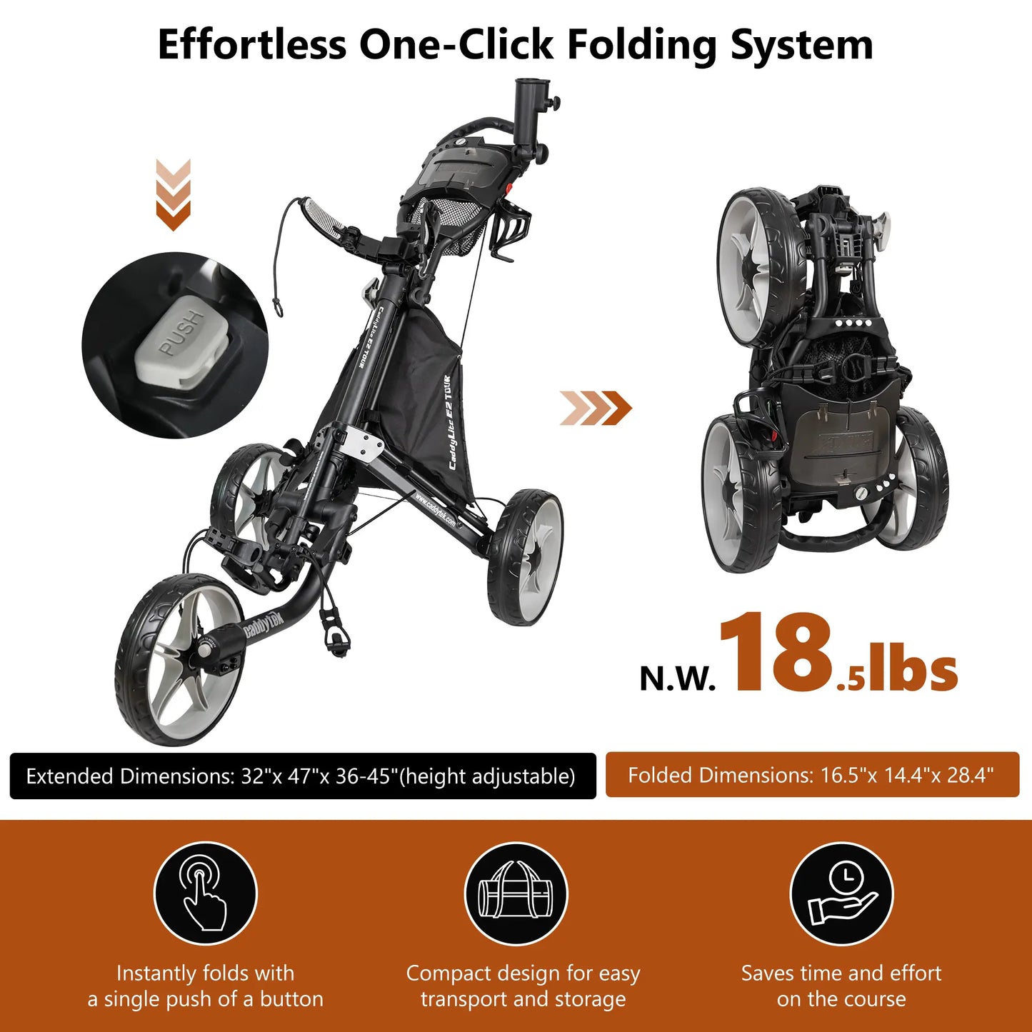 CaddyTek CaddyLite EZ Tour Golf Push Cart | Hand Brake & 5-Spoke Wheels | 2-Step Folding