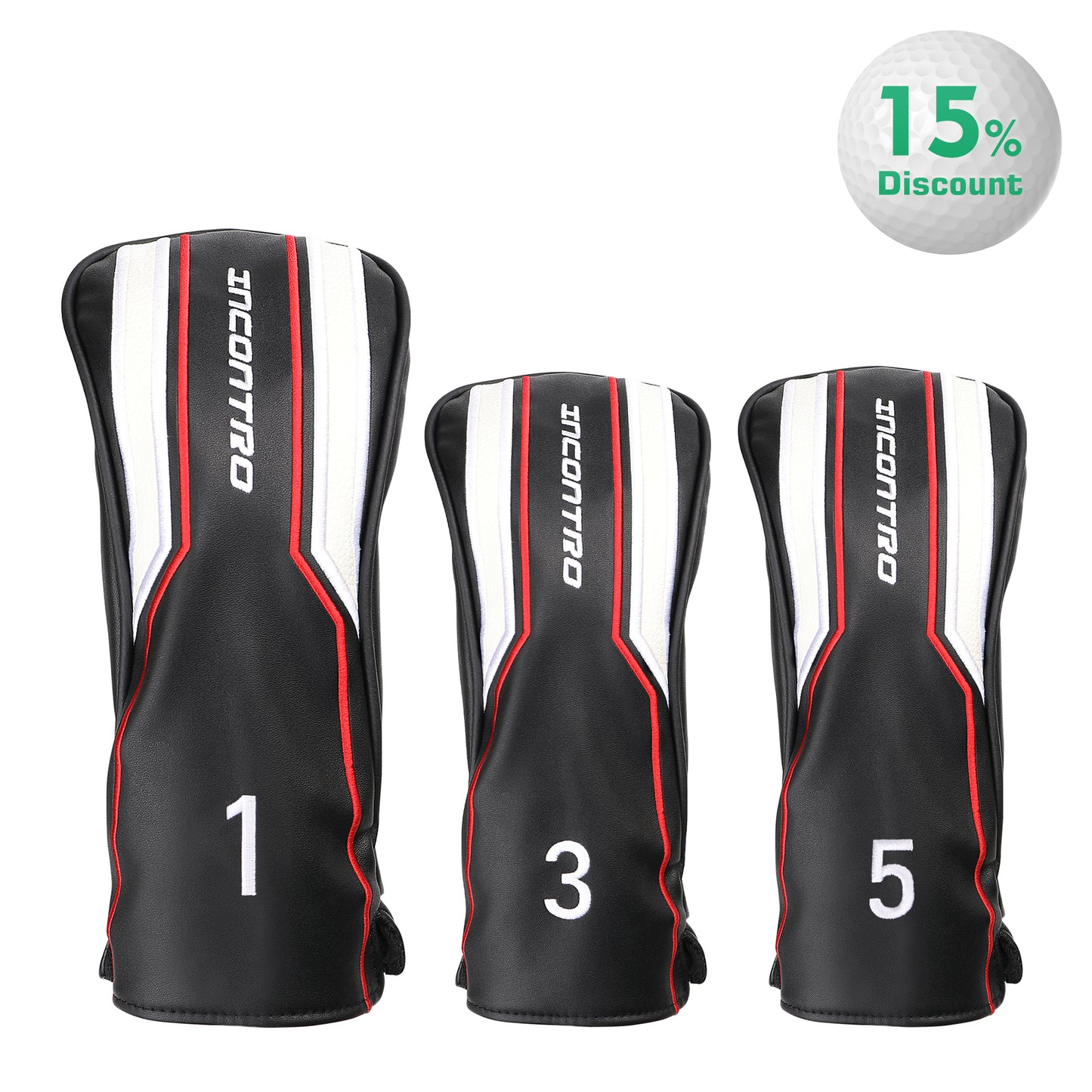 INCONTRO Golf Club Head covers (3/4 - Piece Set) | Motorcycle - Style PU Leather | Plush Lined | #1(460cc), #3/#5(200cc), X(120cc) | Black/Red/White