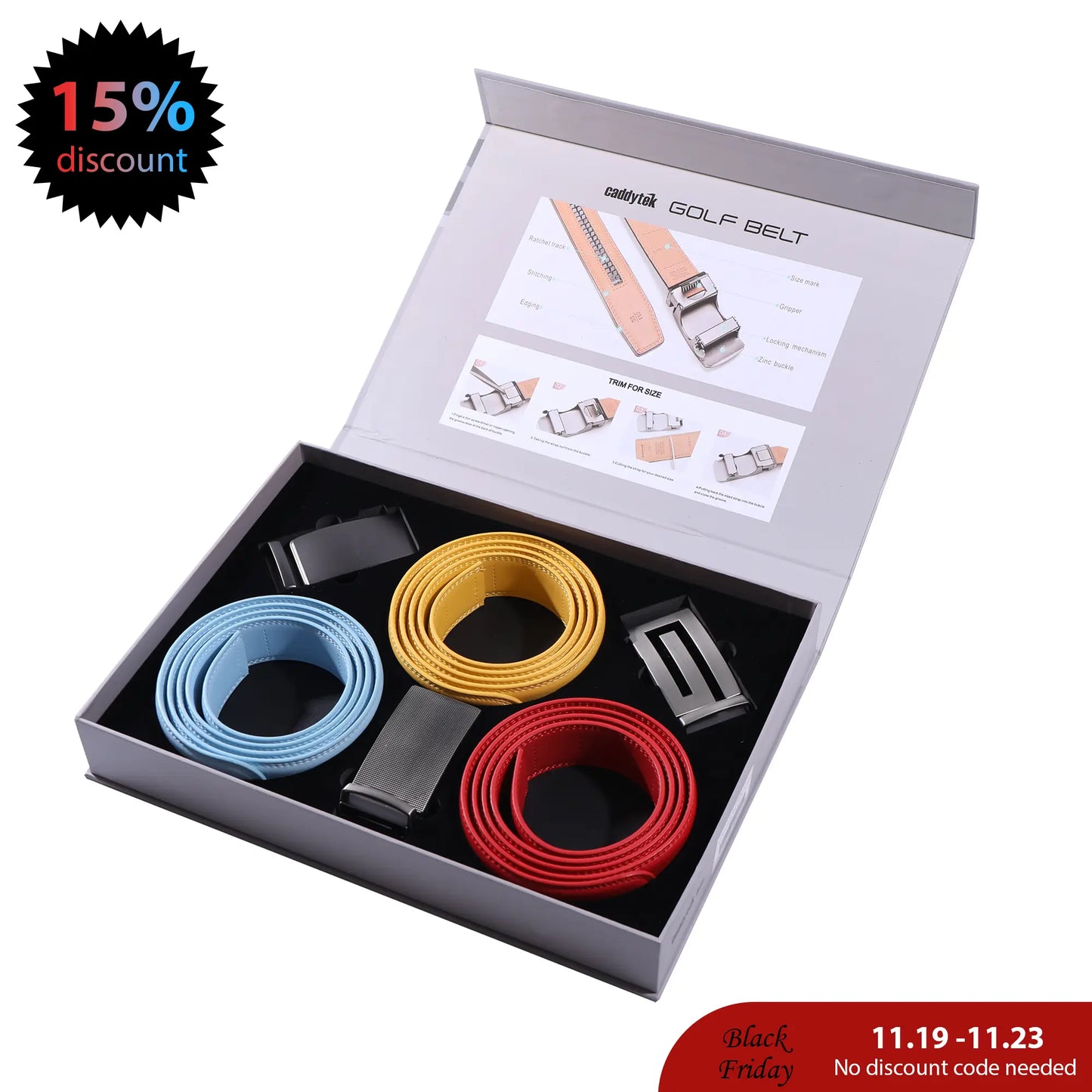 CaddyTek Shiny Edition Golf Belt Set | 9 Style Combos | No-Hole Ratchet Fit | 3 Leather Belts & 3 Buckles