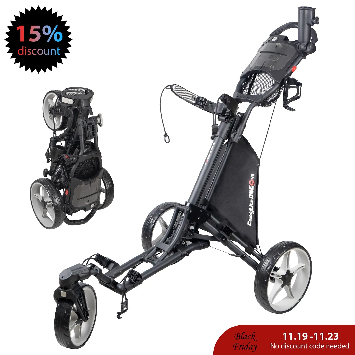 Caddytek CaddyLite ONE Swivel v8 Golf Push Cart | One-Click Auto Fold & Swivel Wheel | Black Friday Deal