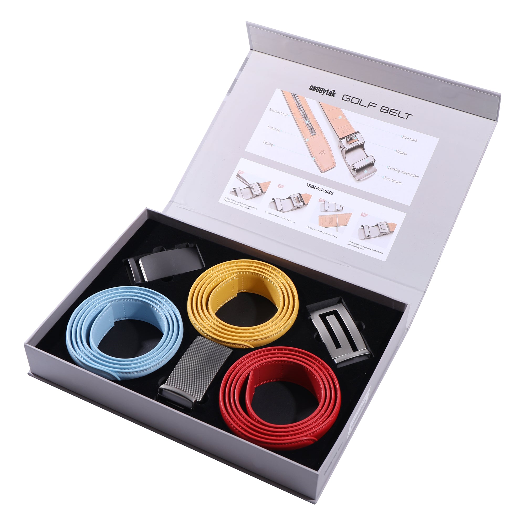 CaddyTek Shiny Edition Golf Belt Set | 9 Style Combos | No-Hole Ratchet Fit | 3 Leather Belts & 3 Buckles