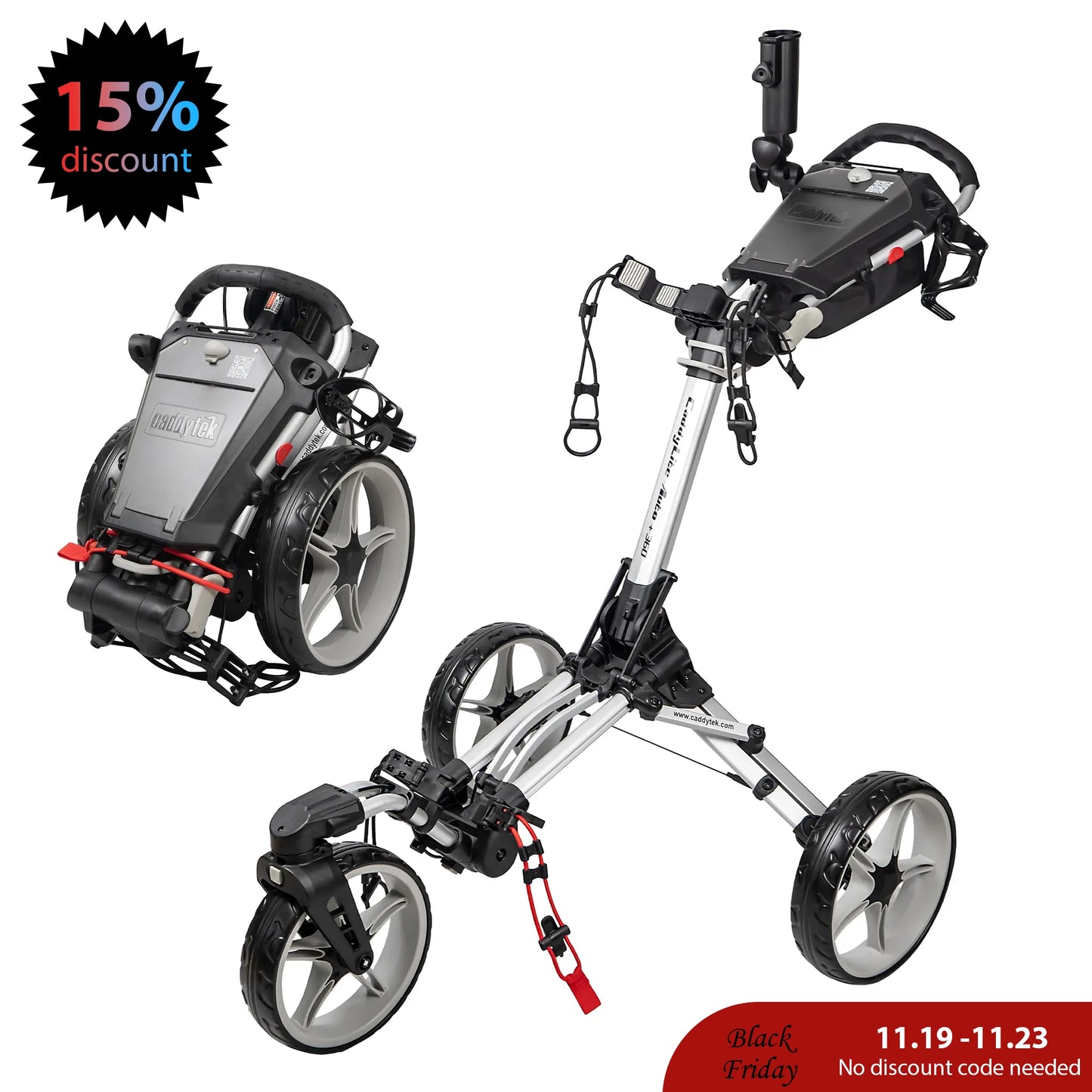 Caddytek CaddyLite Auto+360 Golf Push Cart | One-Button Auto Fold & 360° Swivel Wheel