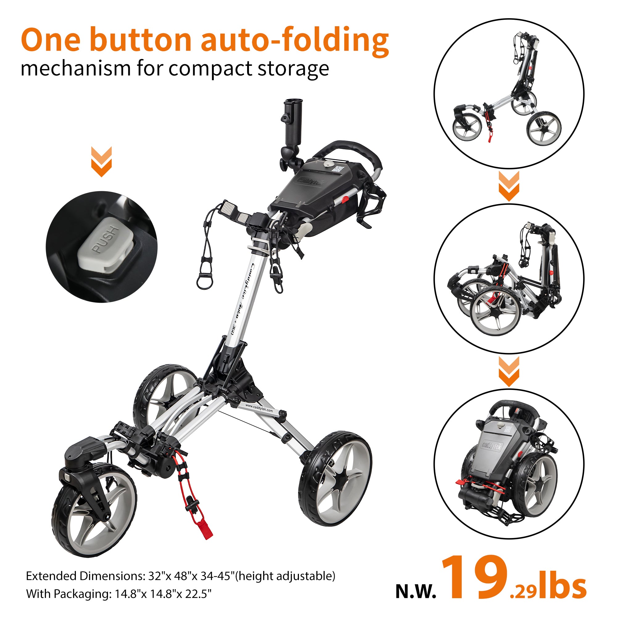 Caddytek CaddyLite Auto+360 Golf Push Cart & Removable Seat