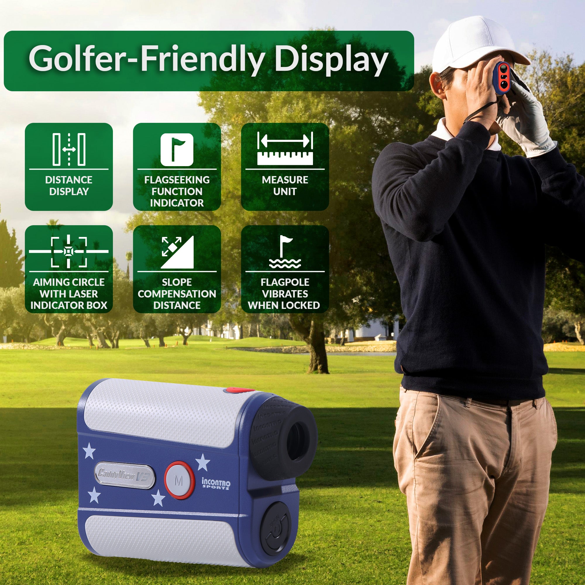 Incontro sports CaddyView V3 Golf Rangefinder | Pin Validation with Vibration & Slope Switch | 800-Yard Range