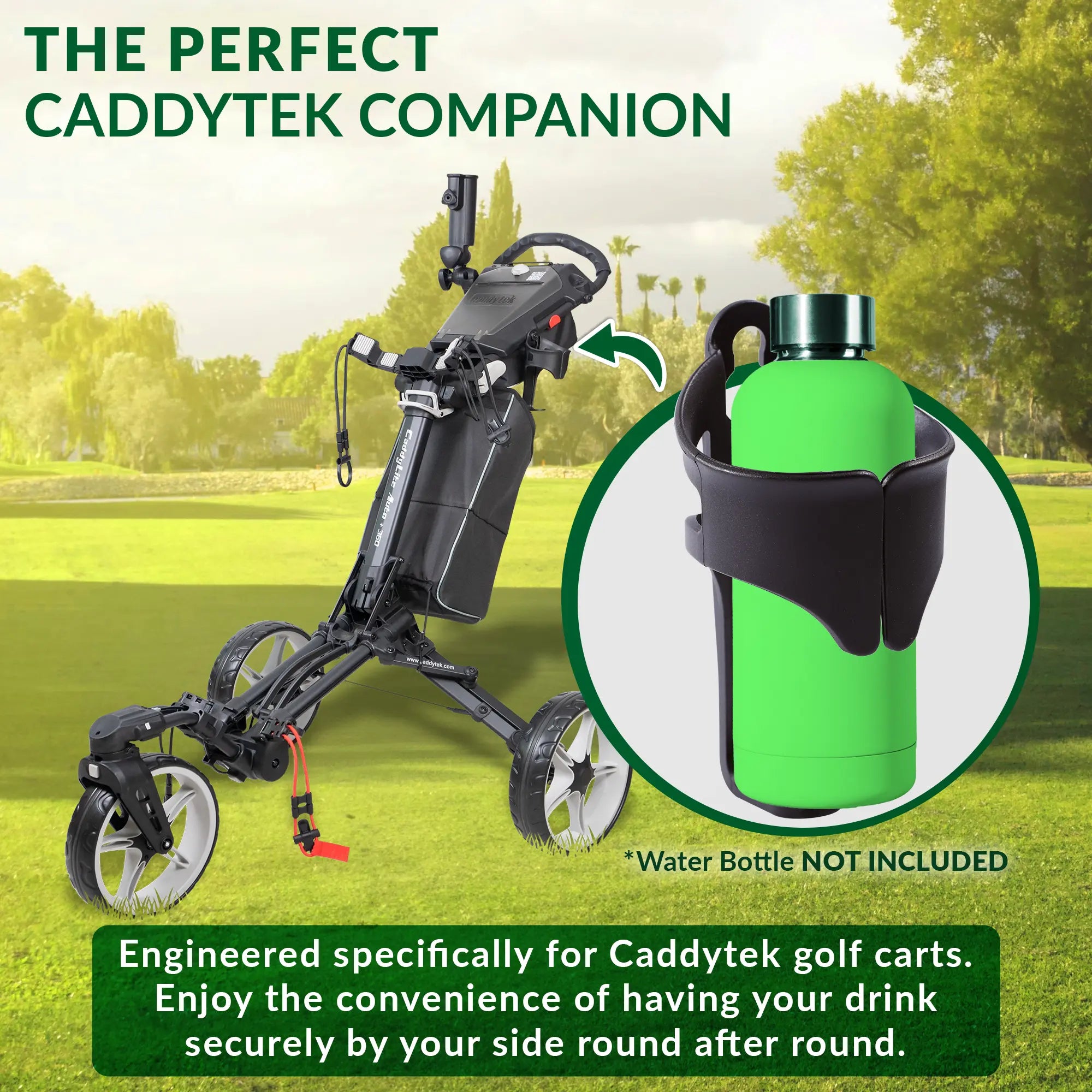 CaddyTek 360° Auto-Leveling Cup Holder | Spill-Proof for Golf Push Carts | Tool-Free Snap-On