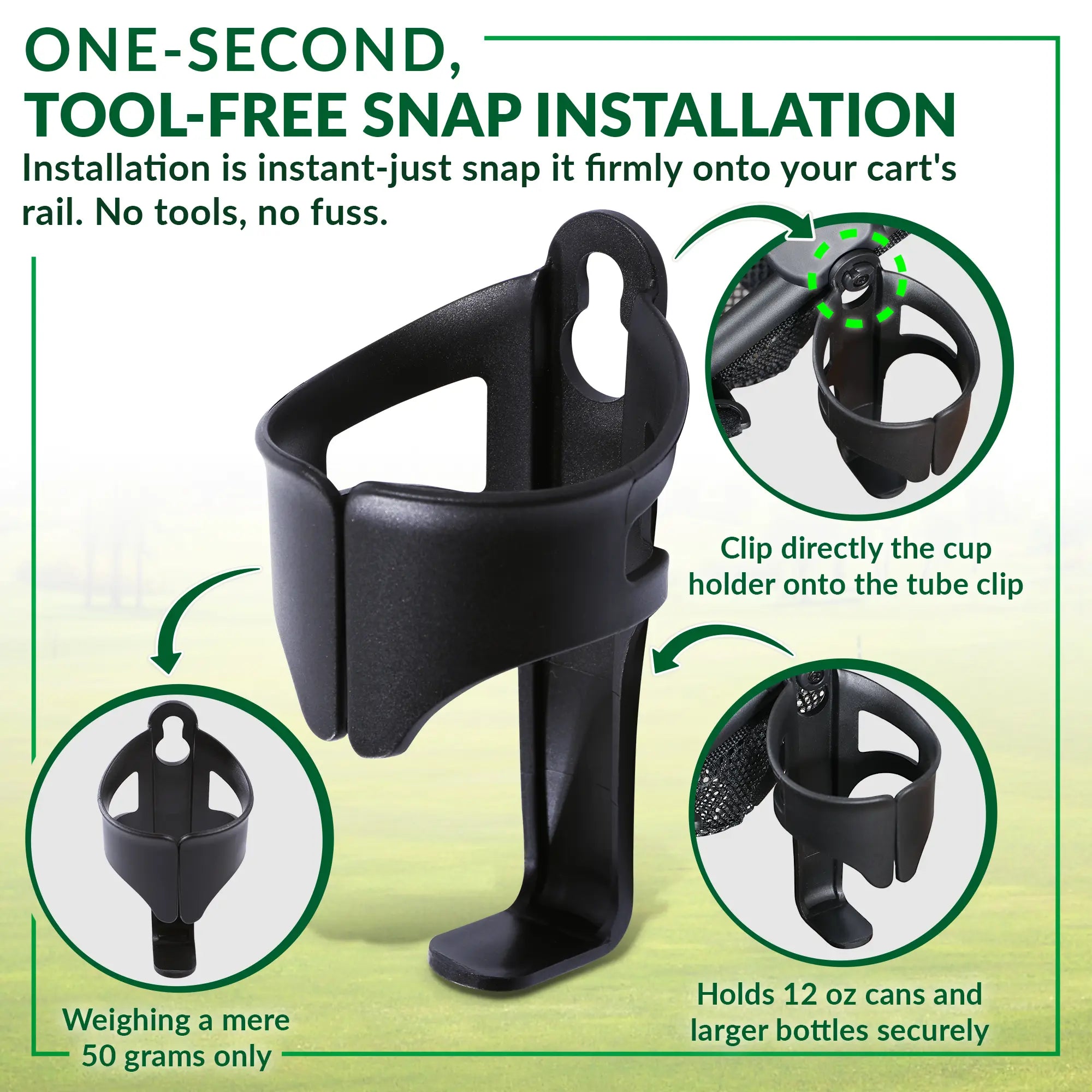 CaddyTek 360° Auto-Leveling Cup Holder | Spill-Proof for Golf Push Carts | Tool-Free Snap-On