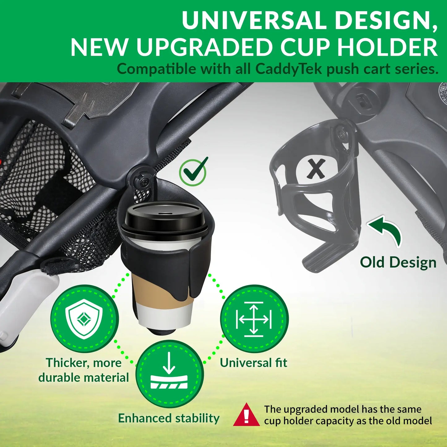 CaddyTek 360° Auto-Leveling Cup Holder | Spill-Proof for Golf Push Carts | Tool-Free Snap-On