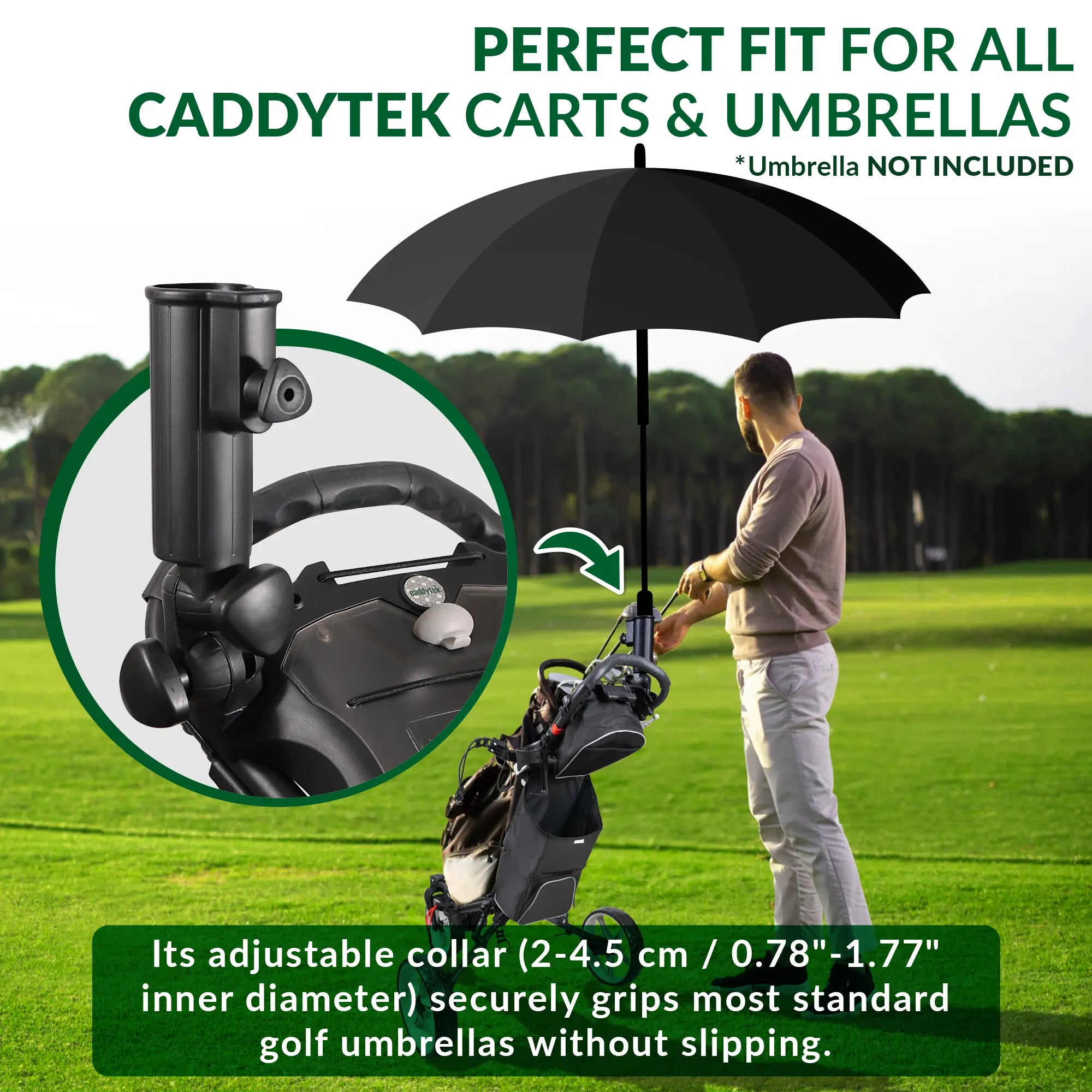 CaddyTek Universal Umbrella Holder | 360° & 180° Full Adjustability | Tool-Free Lock for All Carts