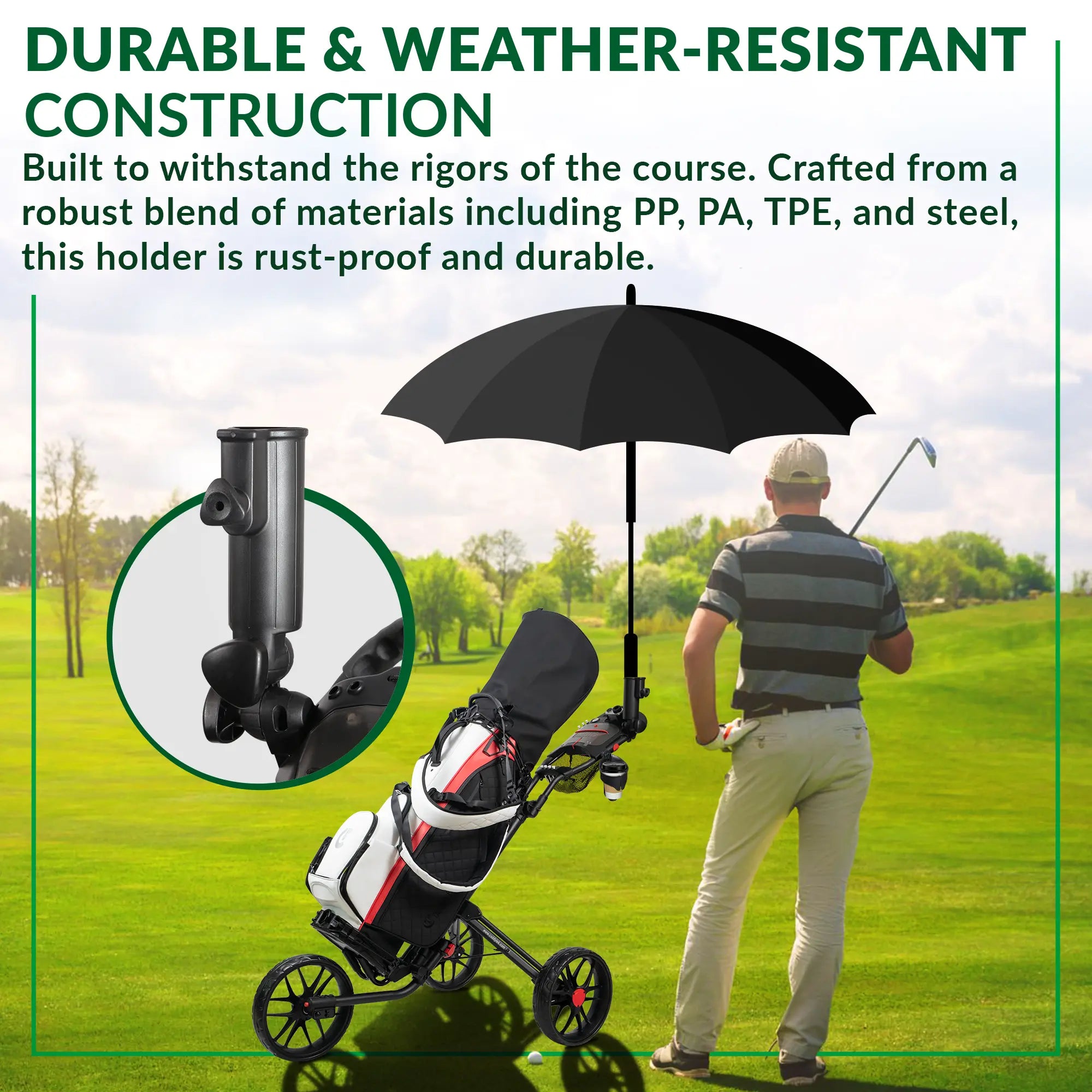 CaddyTek Universal Umbrella Holder | 360° & 180° Full Adjustability | Tool-Free Lock for All Carts