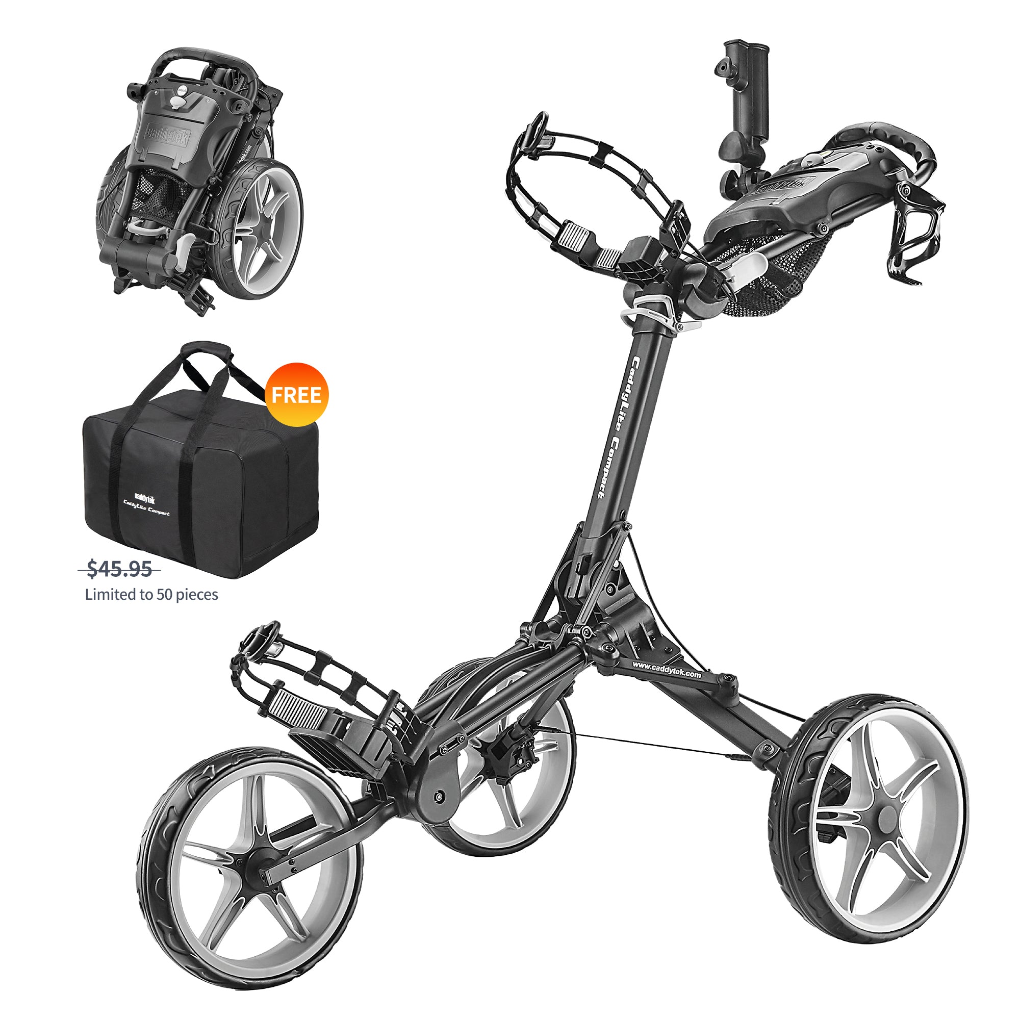 Caddytek CaddyLite Compact Golf Push Cart | Semi-Auto One-Click Fold | Widest 32" Stability Base