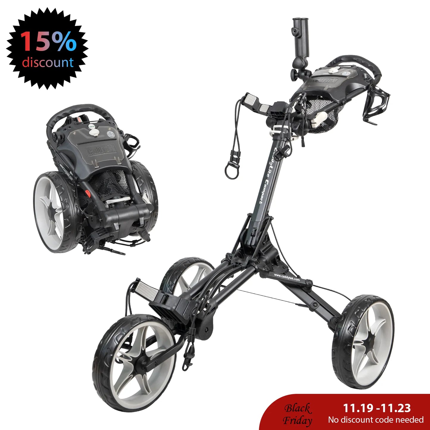Caddytek CaddyLite Compact Golf Push Cart | Semi-Auto One-Click Fold | Widest 32" Stability Base