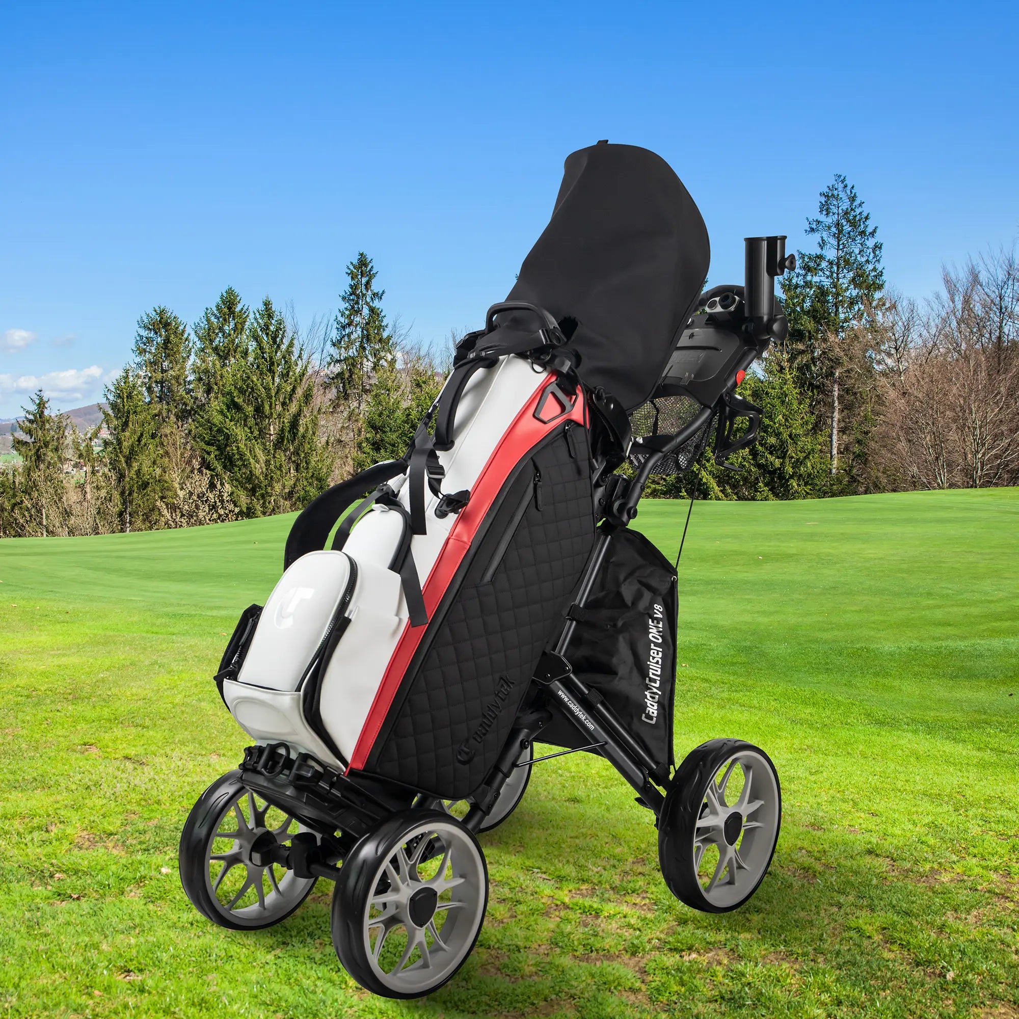 CaddyCruiser ONE V8 4-Wheel Golf Push Cart | Ultra-Lightweight Under 17 lbs | One-Click Folding