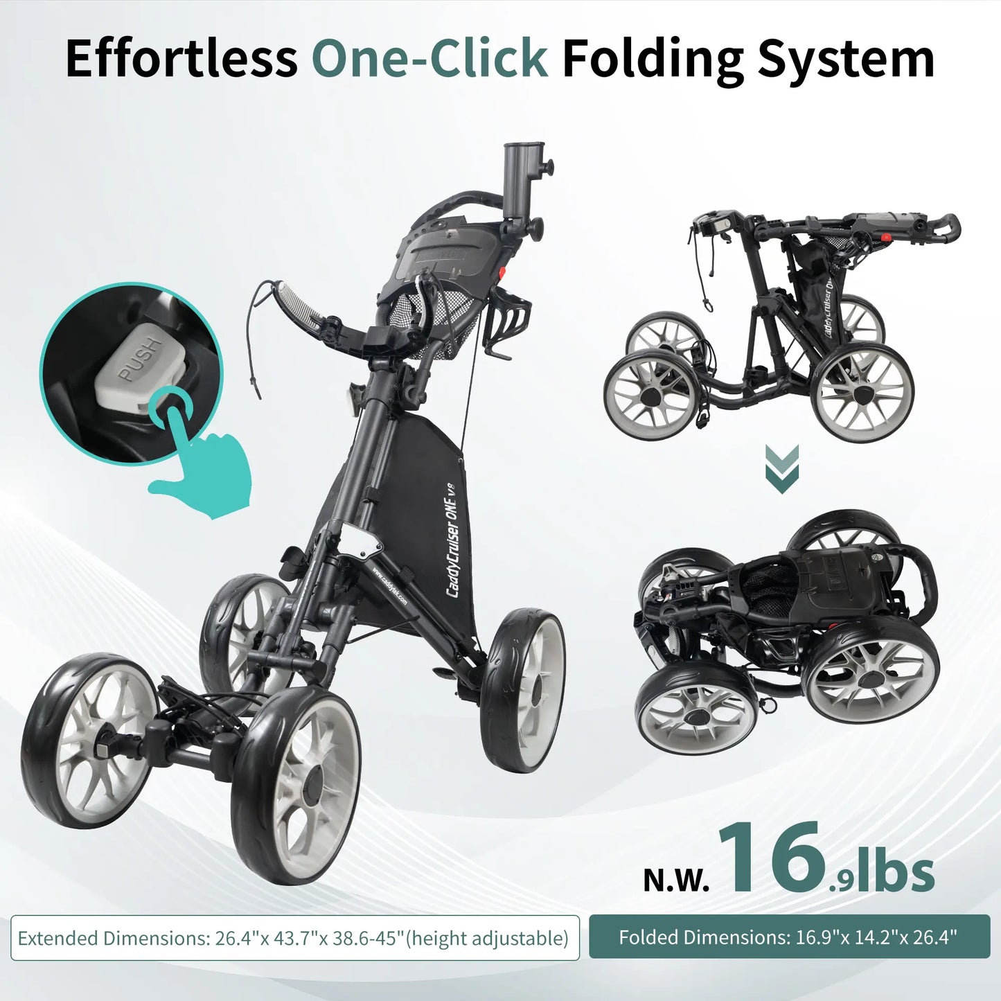 CaddyCruiser ONE V8 4-Wheel Golf Push Cart | Ultra-Lightweight Under 17 lbs | One-Click Folding