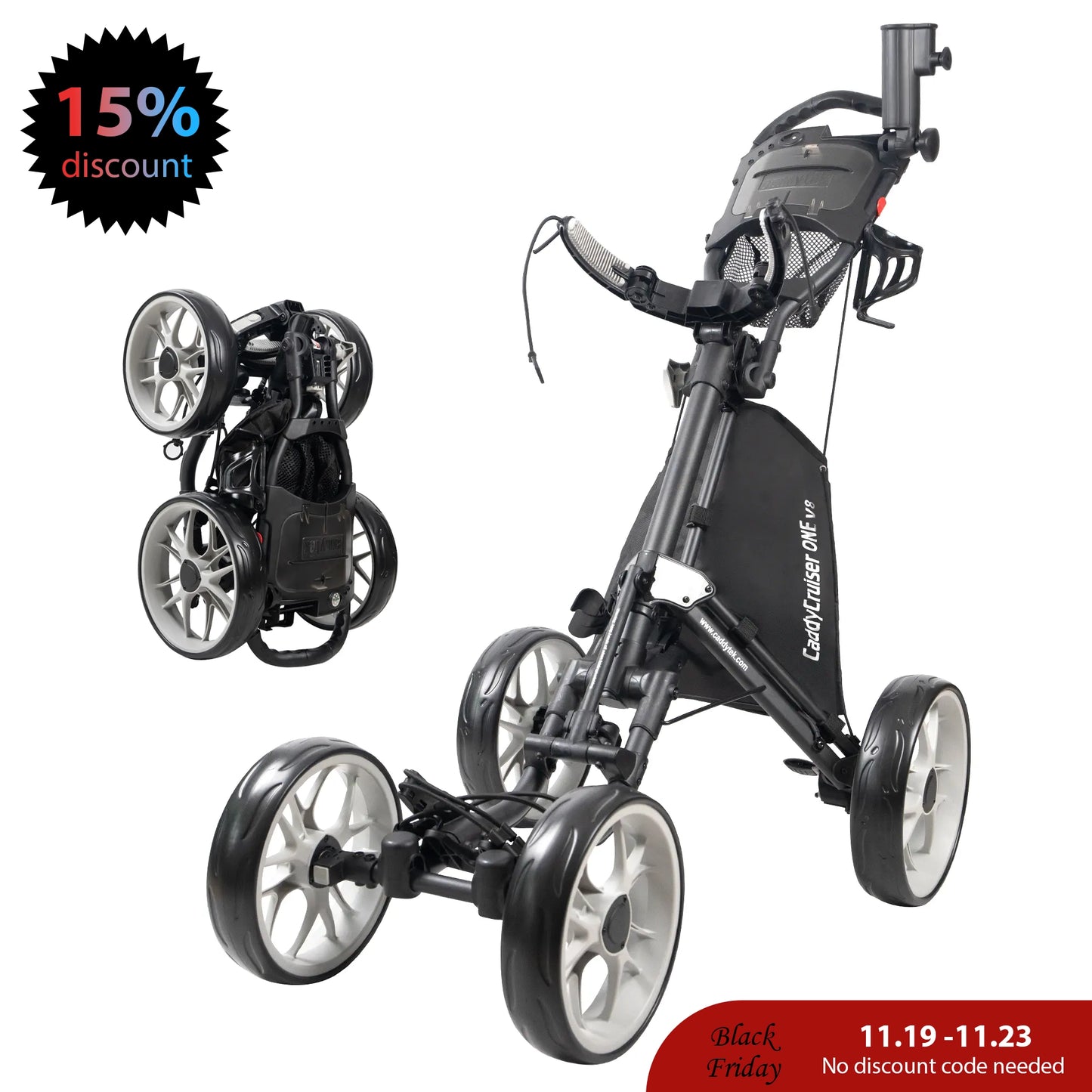 CaddyCruiser ONE V8 4-Wheel Golf Push Cart | Ultra-Lightweight Under 17 lbs | One-Click Folding