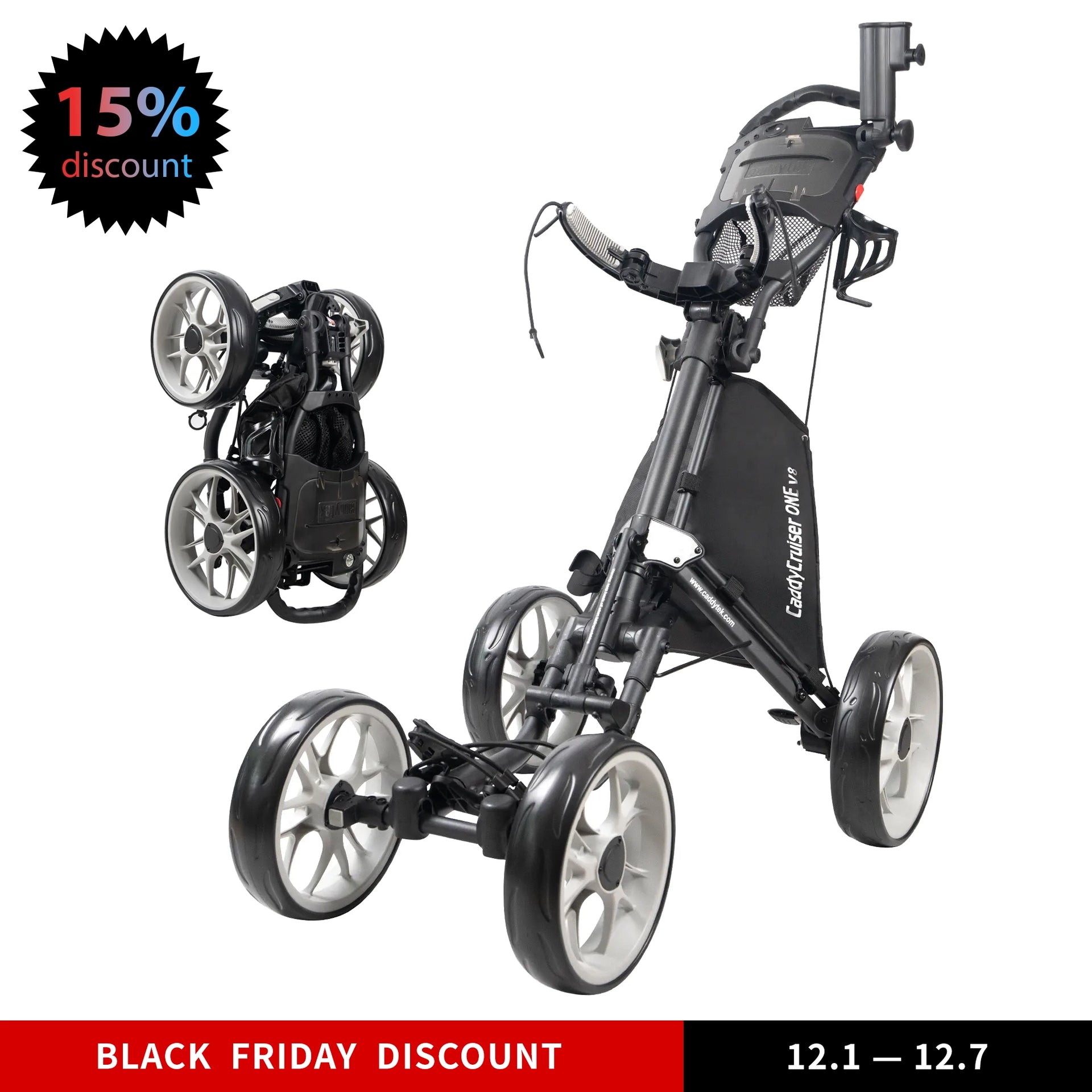 ゴルフカート 4輪　CaddyTek CaddyCruiser ONE V8 4-Wheel Golf Push Cart | Ultra-Lightweight Under 1