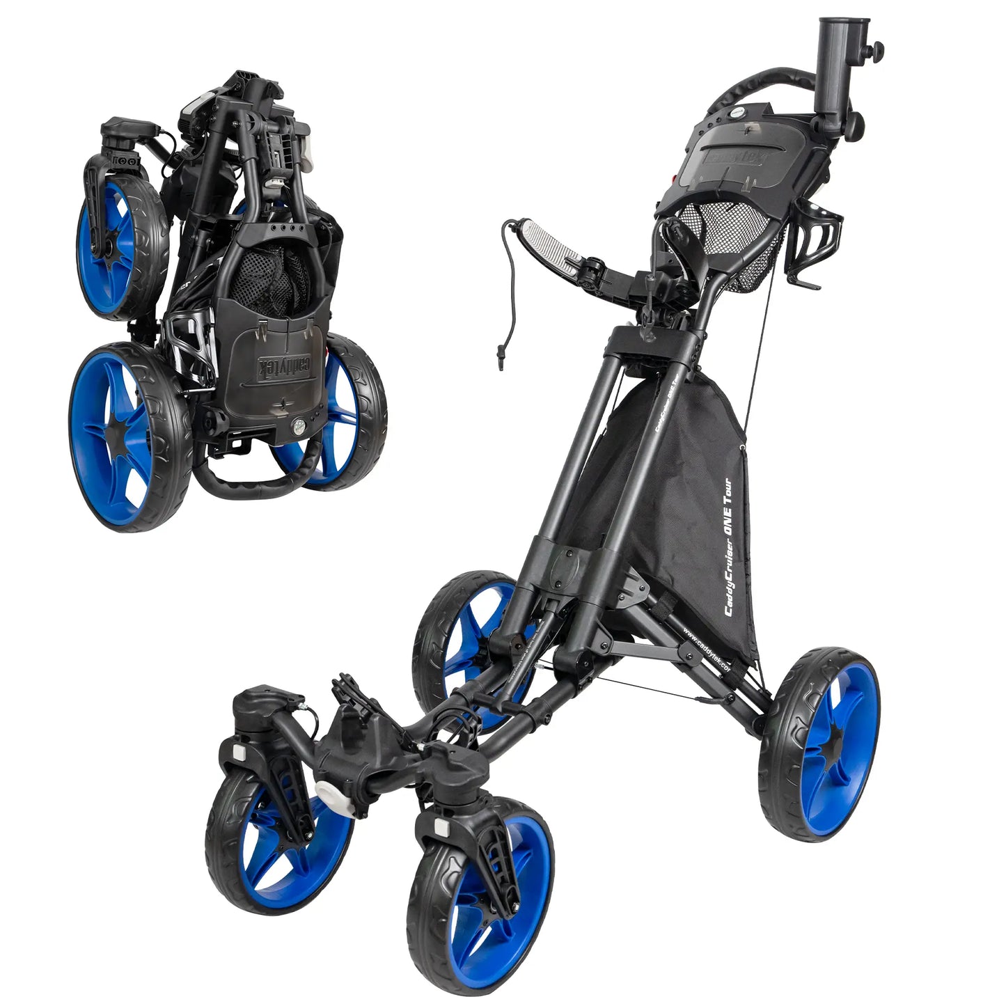 CaddyTek CaddyCruiser ONE Tour Golf Push Cart | 4-Wheel Stability & Swivel Front Wheel | One-Click Folding