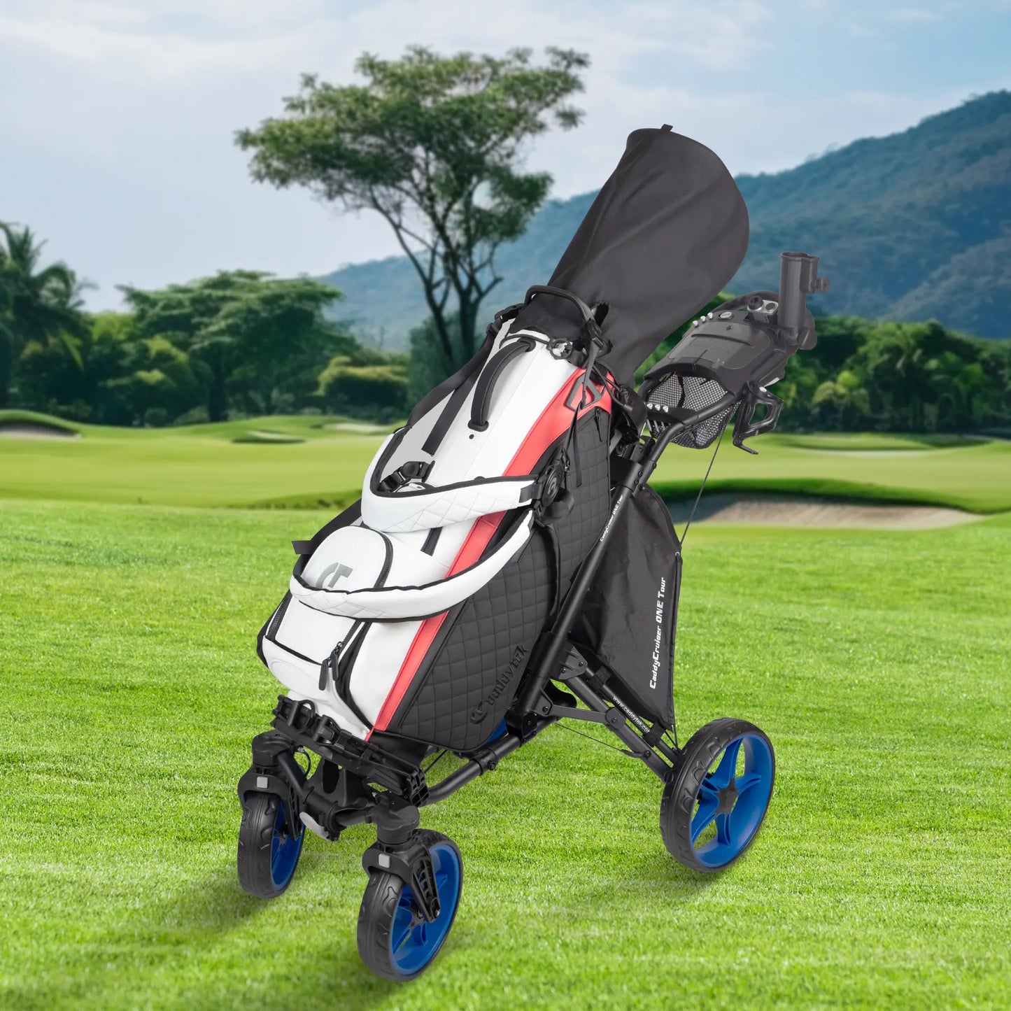 CaddyTek CaddyCruiser ONE Tour Golf Push Cart | 4-Wheel Stability & Swivel Front Wheel | One-Click Folding