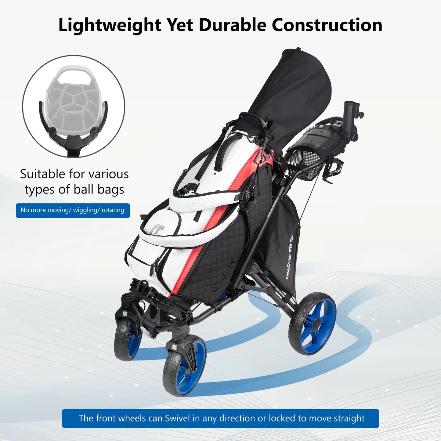 CaddyTek CaddyCruiser ONE Tour Golf Push Cart | 4-Wheel Stability & Swivel Front Wheel | One-Click Folding
