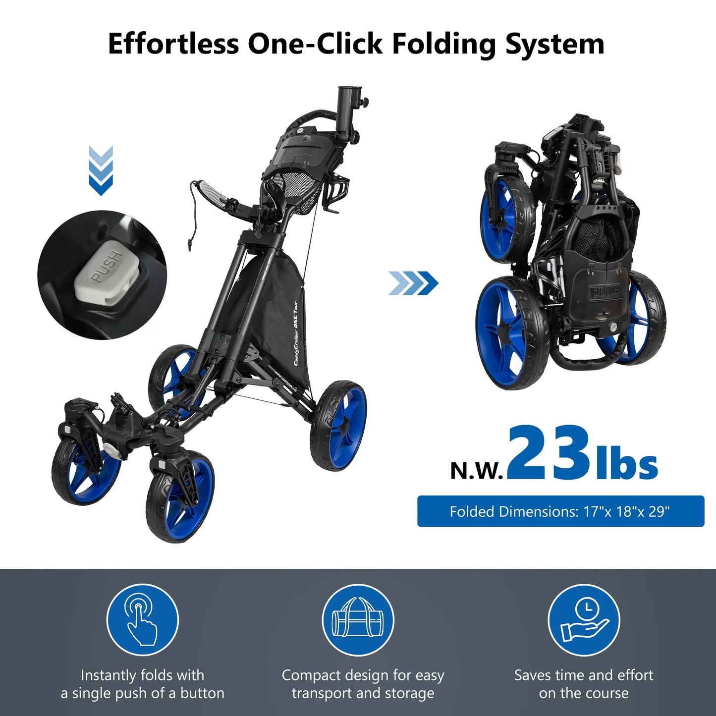 CaddyTek CaddyCruiser ONE Tour Golf Push Cart | 4-Wheel Stability & Swivel Front Wheel | One-Click Folding
