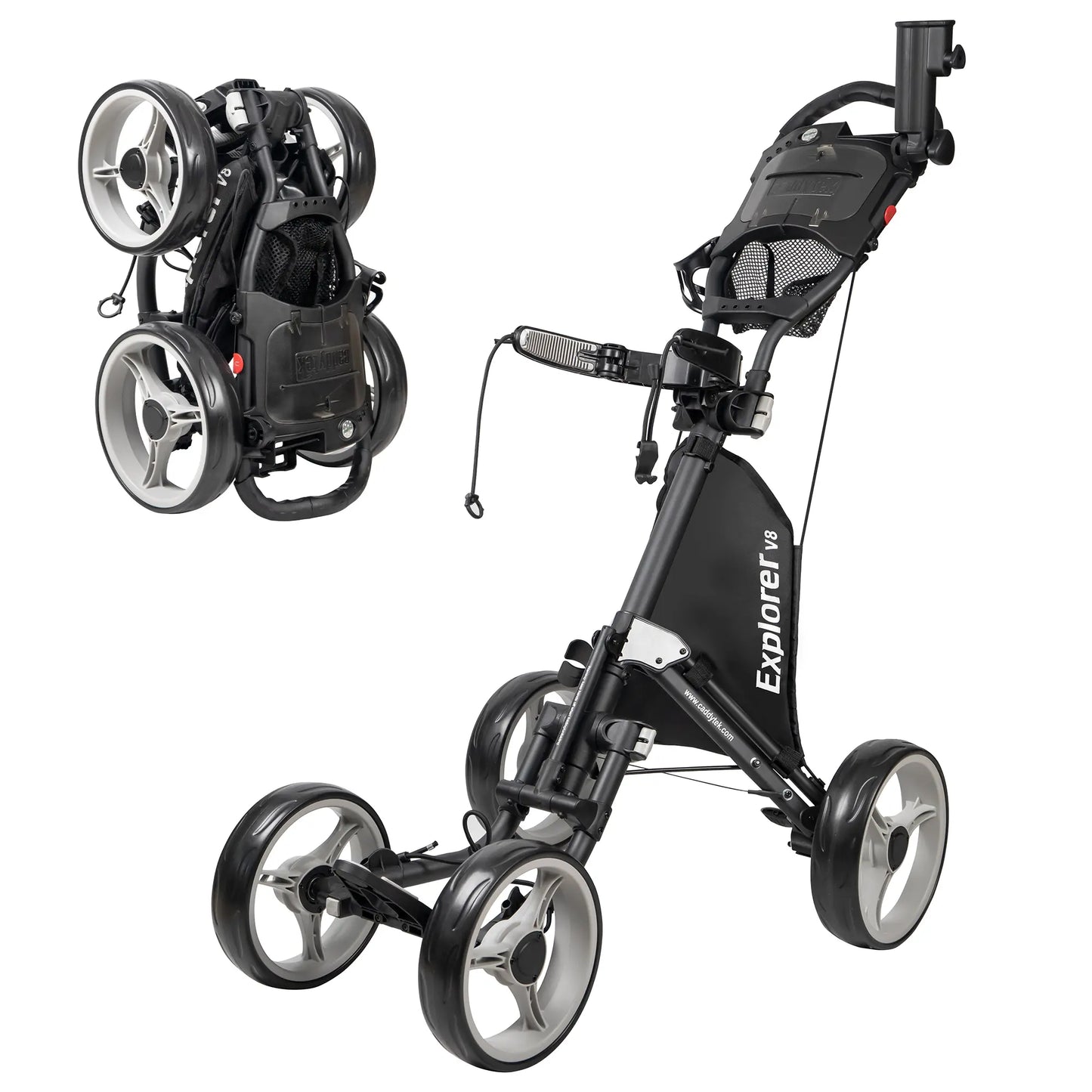 CaddyTek Explorer V8 Golf Push Cart | 2-Step Folding & Adjustable Front Wheels | Wide Stability Base
