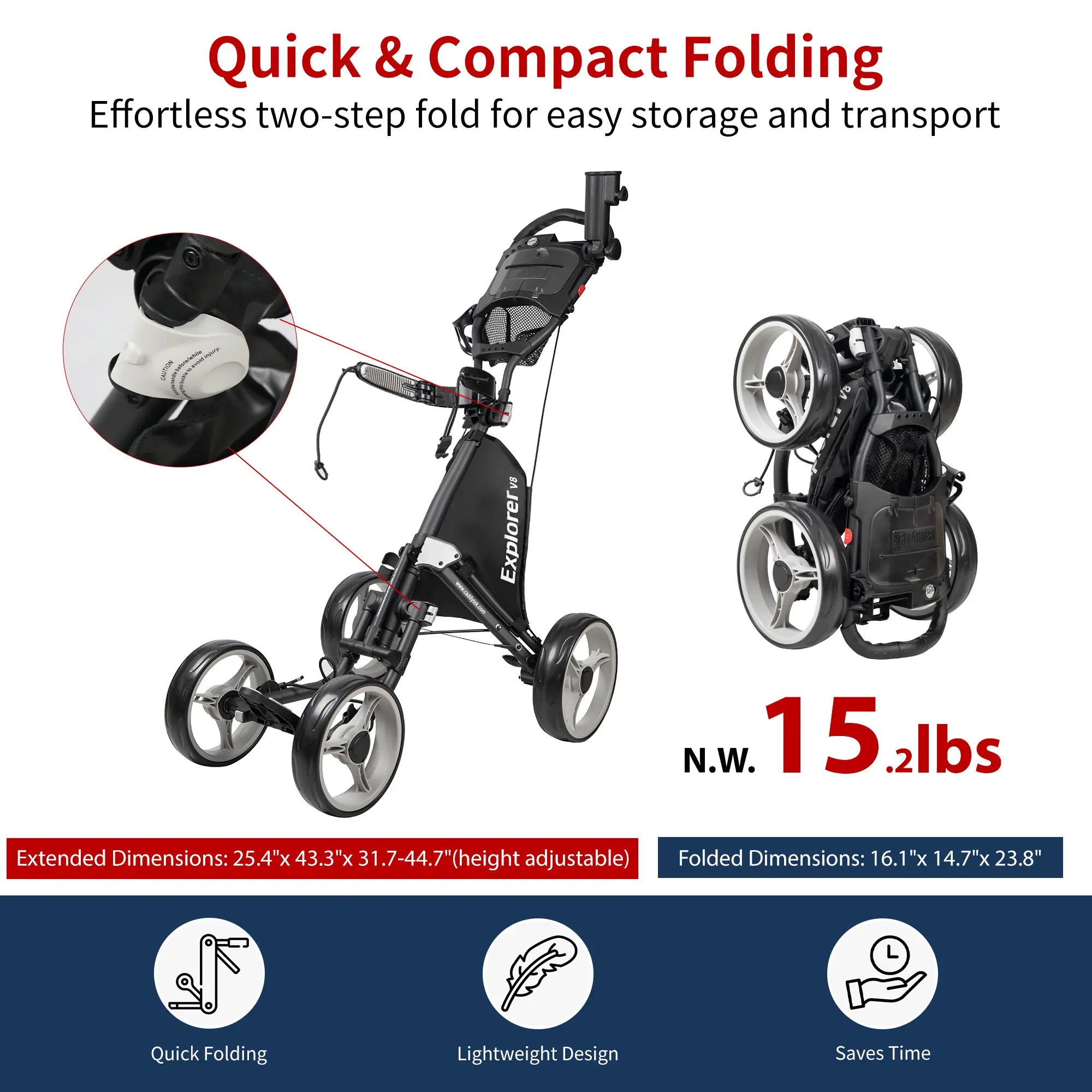 CaddyTek Explorer V8 Golf Push Cart | 2-Step Folding & Adjustable Front Wheels | Wide Stability Base