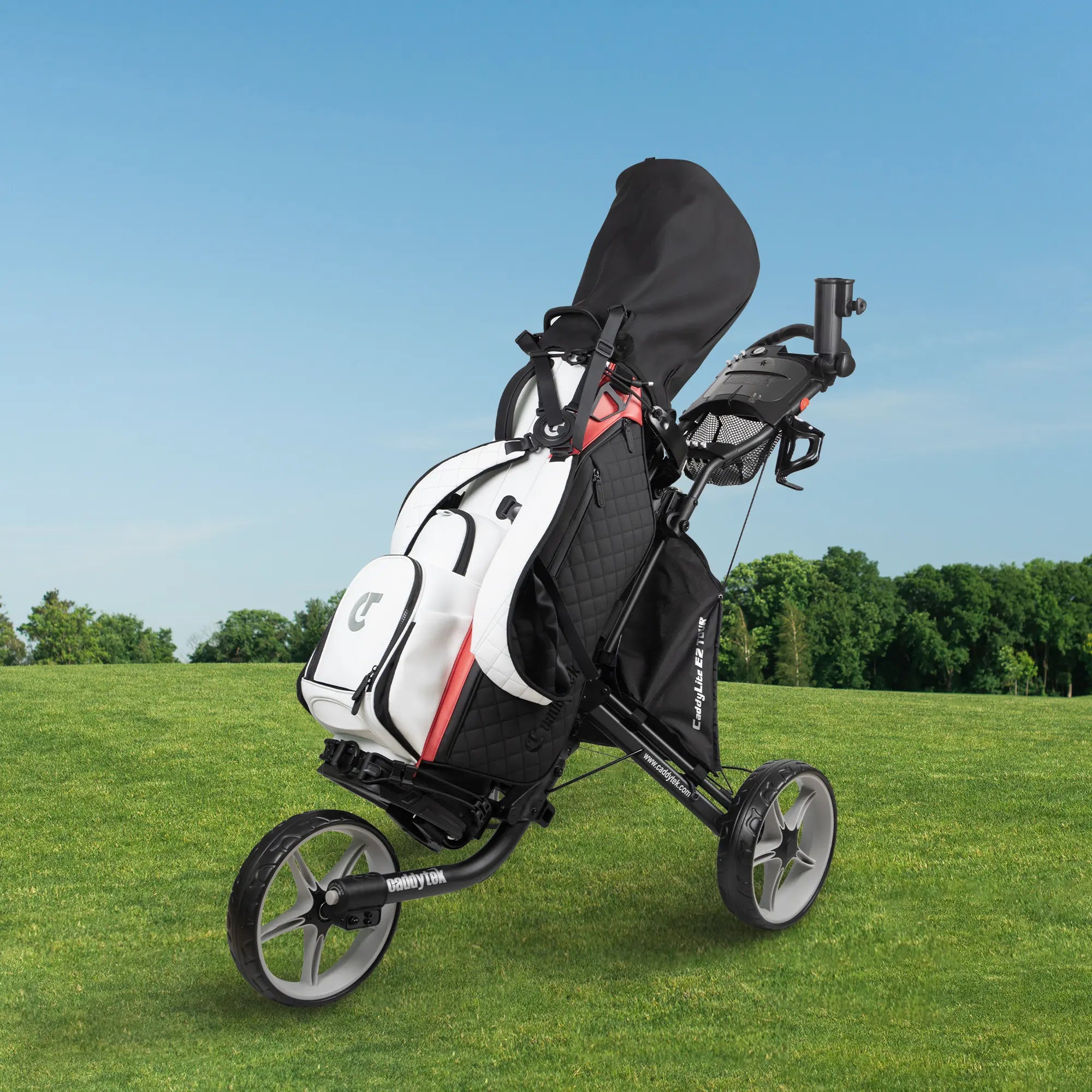 CaddyTek CaddyLite EZ Tour Golf Push Cart | Hand Brake & 5-Spoke Wheels | 2-Step Folding