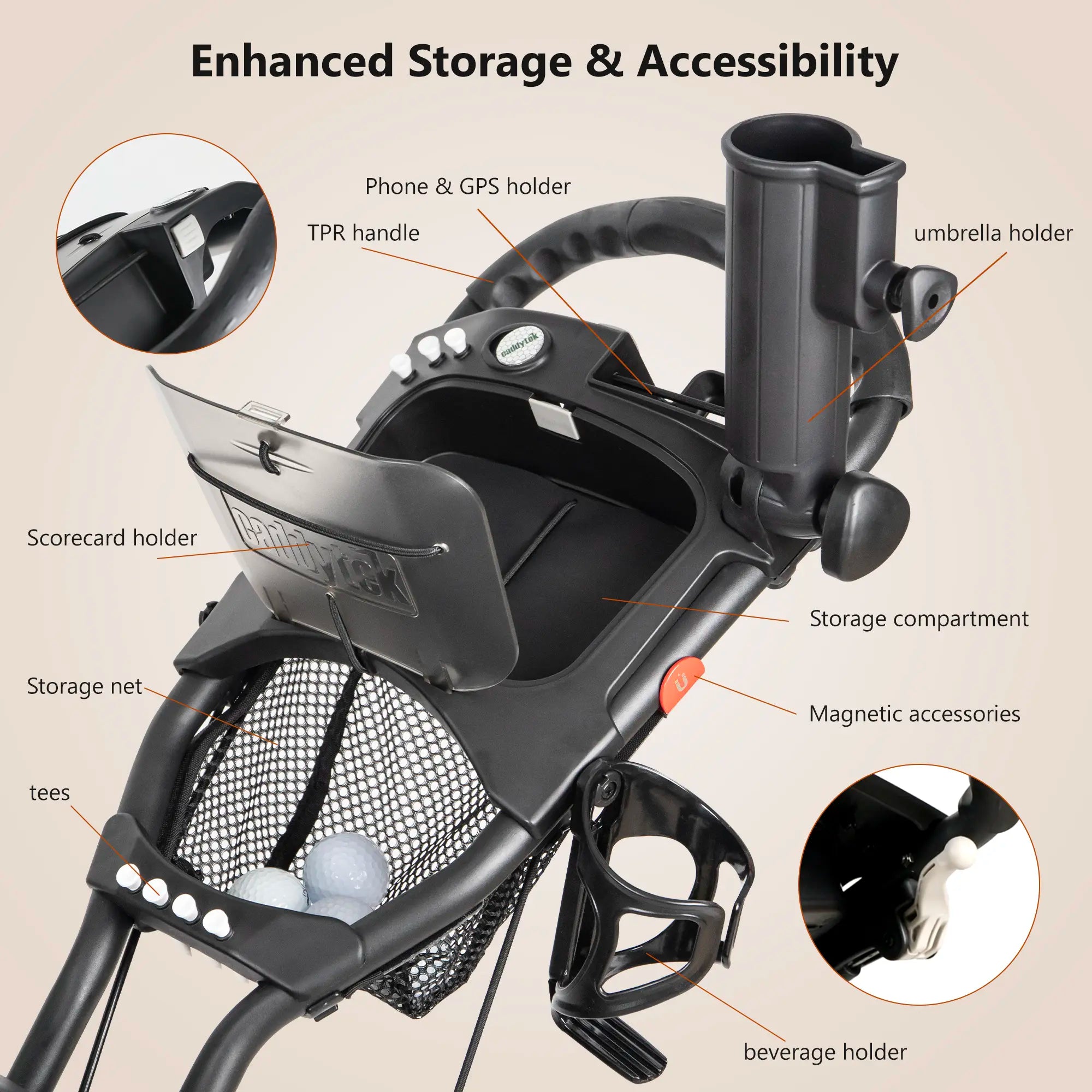 CaddyTek CaddyLite EZ Tour Golf Push Cart | Hand Brake & 5-Spoke Wheels | 2-Step Folding