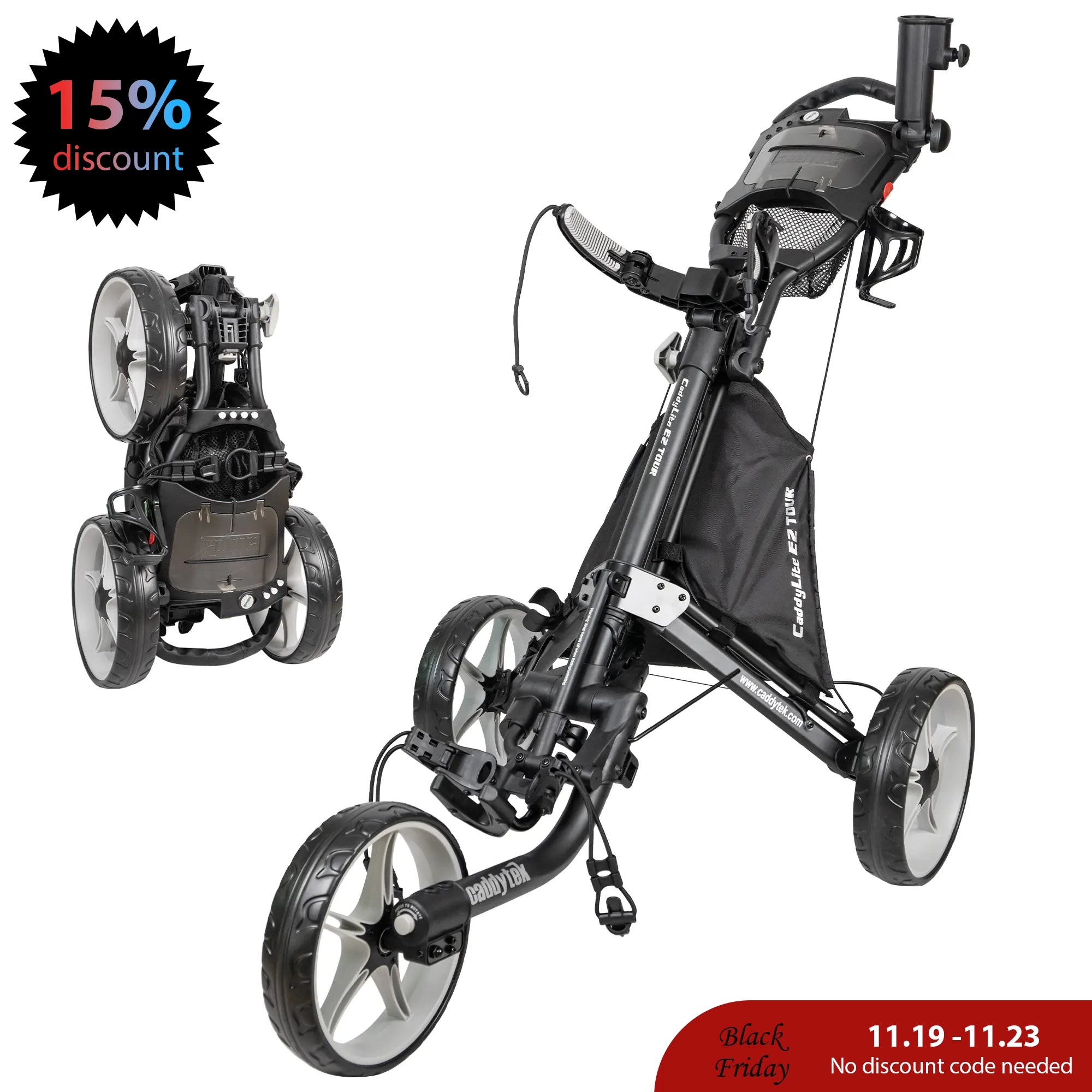 CaddyTek CaddyLite EZ Tour Golf Push Cart | Hand Brake & 5-Spoke Wheels | 2-Step Folding