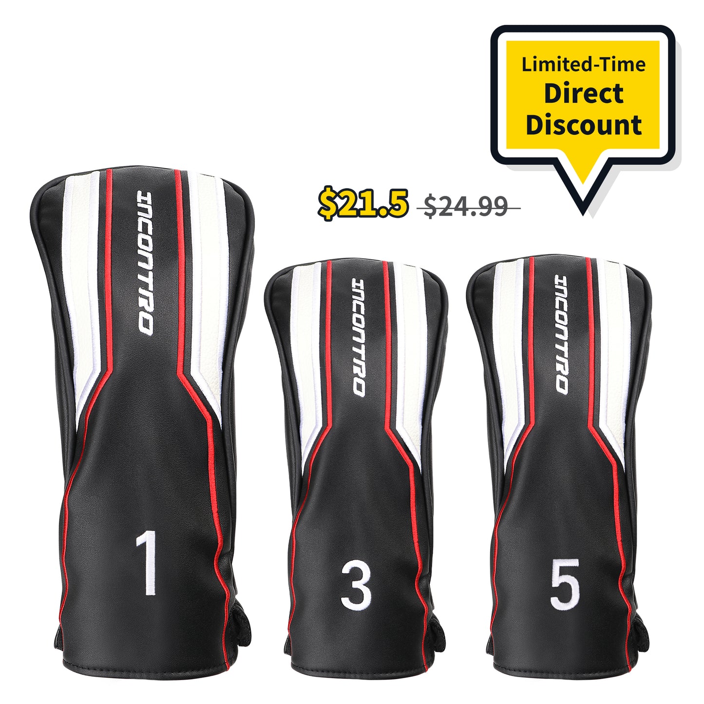 Caddytek Golf Club Head covers (3/4 - Piece Set) | Incontro sports series | Motorcycle - Style PU Leather | Plush Lined | #1(460cc), #3/#5(200cc), X(120cc) | Black/Red/White