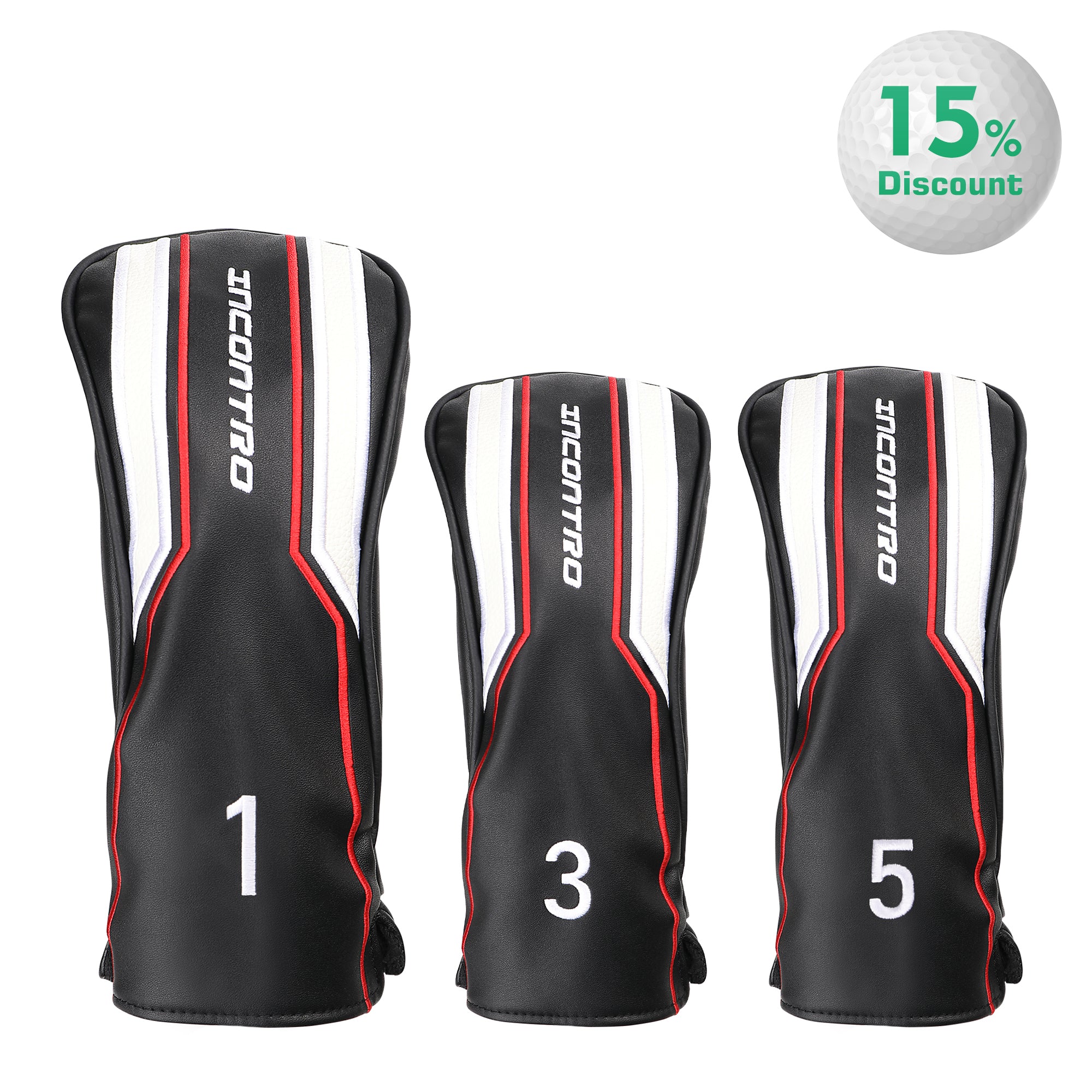 INCONTRO Golf Club Head covers (3/4 - Piece Set) | Motorcycle - Style PU Leather | Plush Lined | #1(460cc), #3/#5(200cc), X(120cc) | Black/Red/White