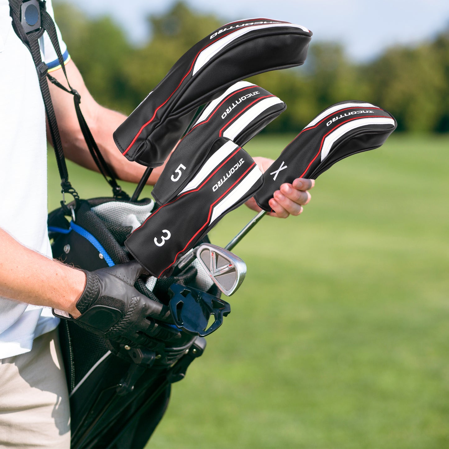 INCONTRO Golf Club Head covers (3/4 - Piece Set) | Motorcycle - Style PU Leather | Plush Lined | #1(460cc), #3/#5(200cc), X(120cc) | Black/Red/White