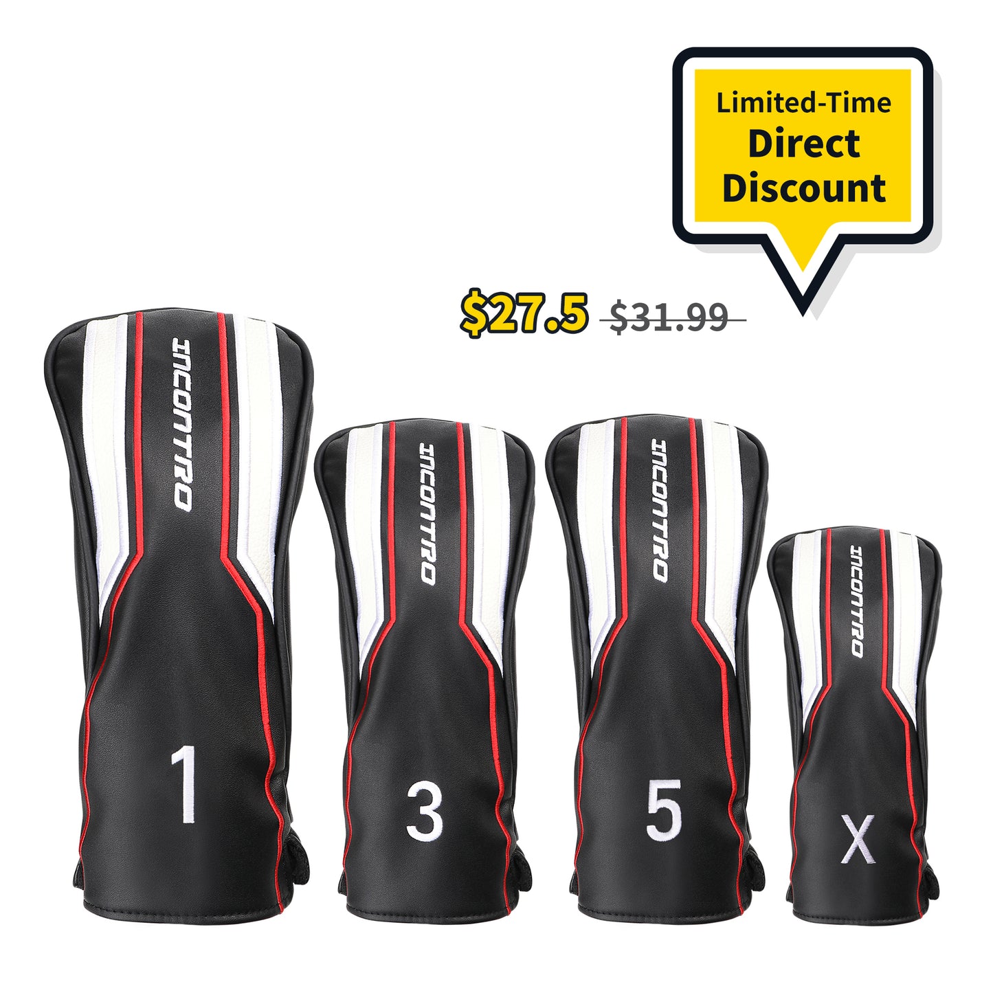 Caddytek Golf Club Head covers (3/4 - Piece Set) | Incontro sports series | Motorcycle - Style PU Leather | Plush Lined | #1(460cc), #3/#5(200cc), X(120cc) | Black/Red/White