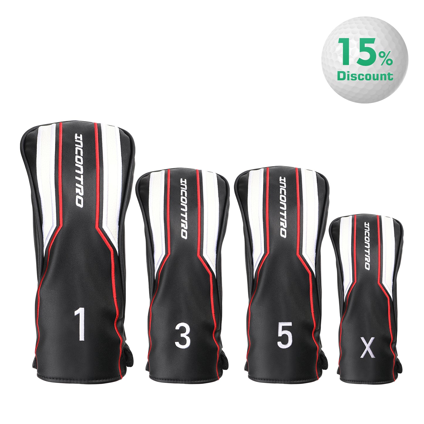 INCONTRO Golf Club Head covers (3/4 - Piece Set) | Motorcycle - Style PU Leather | Plush Lined | #1(460cc), #3/#5(200cc), X(120cc) | Black/Red/White