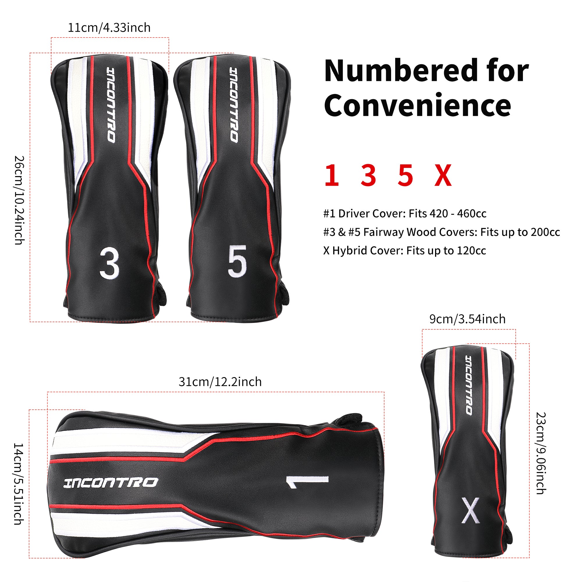 INCONTRO Golf Club Head covers (3/4 - Piece Set) | Motorcycle - Style PU Leather | Plush Lined | #1(460cc), #3/#5(200cc), X(120cc) | Black/Red/White