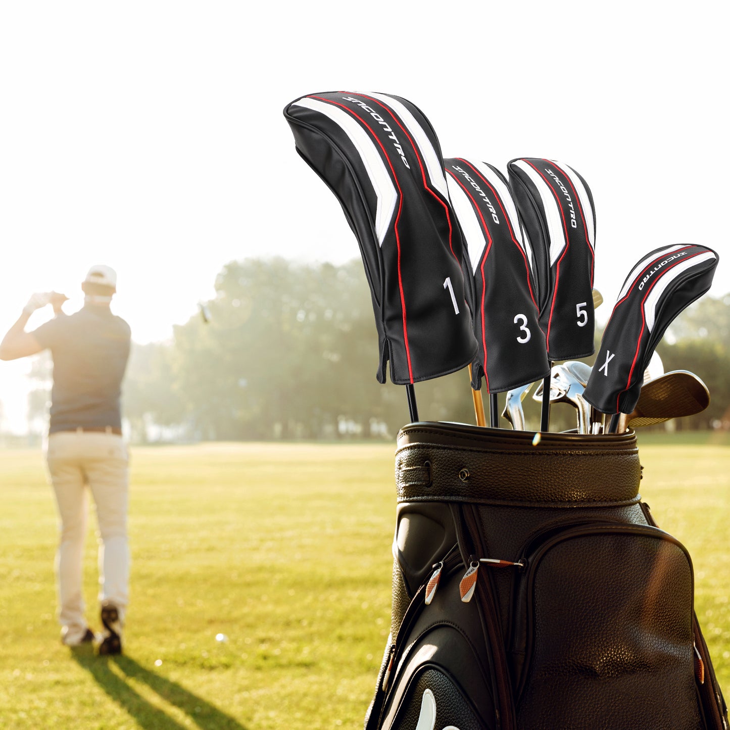 INCONTRO Golf Club Head covers (3/4 - Piece Set) | Motorcycle - Style PU Leather | Plush Lined | #1(460cc), #3/#5(200cc), X(120cc) | Black/Red/White